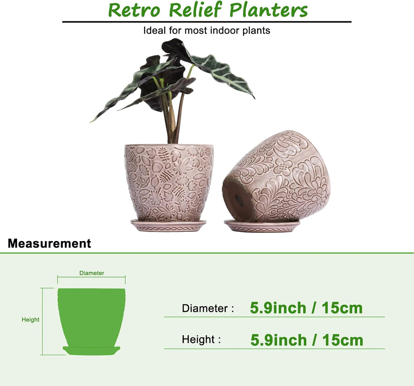6 Inch Retro Ceramic Planter Set of 2 with Drainage Hole and Saucer for Plants, Indoor-Outdoor Garden Pots for Succulent, Orchid, and Flower (Fits Inner Pots Up to 5 Inches, Retro Peach)