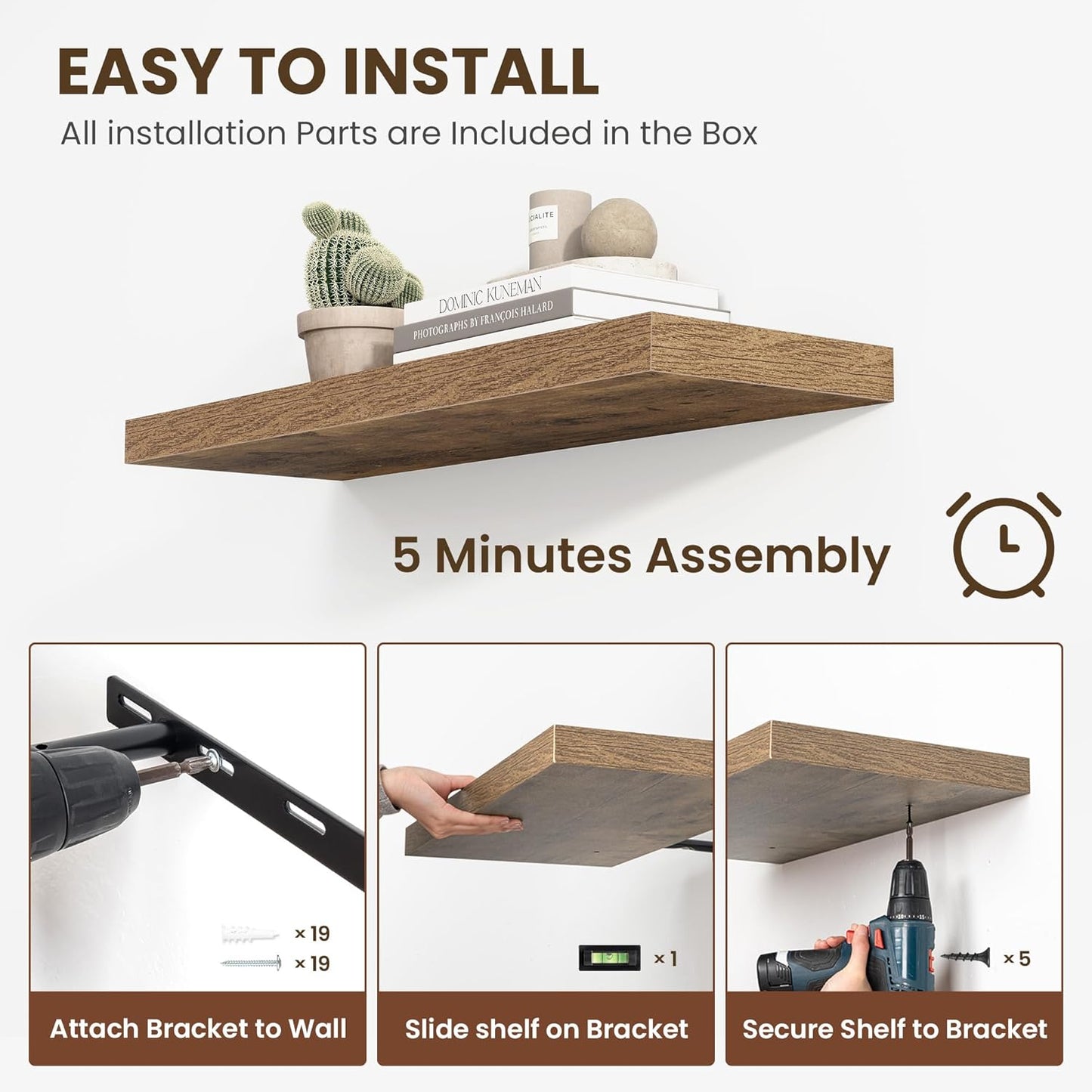 24 Inch Floating Shelves, 12 Inch Deep Floating Shelves for Wall, Floating Shelf with Invisible Brackets, Deep Shelves for Bathroom, Bedroom, Living Room, 2 Pack, Brown