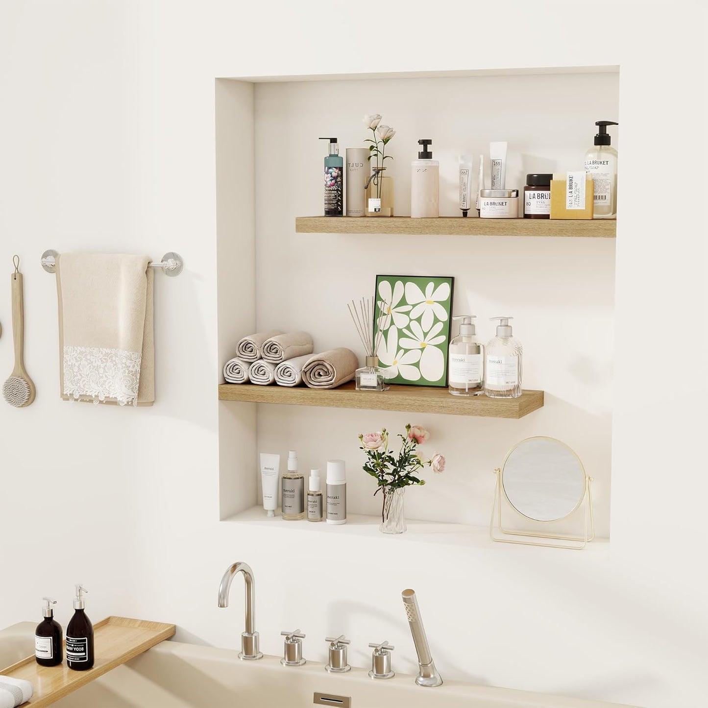 Fun Memories Floating Shelves for Wall, 24" Rustic Wood Deep Wall Mounted Shelves with Invisible Brackets for Decor & Storage, Floating Shelf for Living Room, Bathroom (Oak, Set of 2)