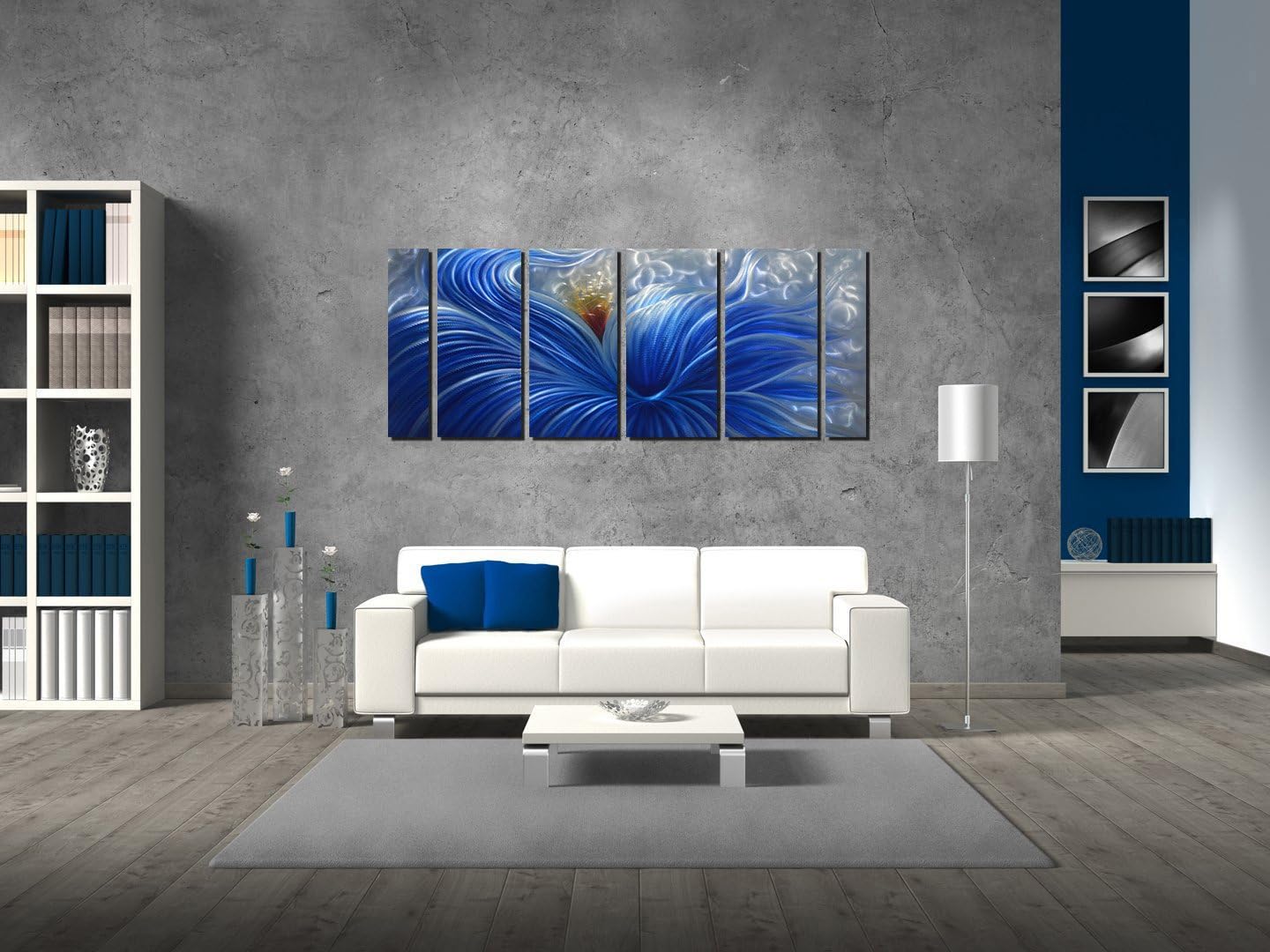 Metal Wall Art with Huge Blue Flower Design, Abstract Artwork for Modern and Contemporary Decor, Metal Wall Sculpture, Indoor Outdoor Wall Decorations, 6-Panels Measure 65" x 24"