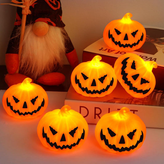 6 Pack Halloween Pumpkin Flameless Candles Battery Operated LED Tealight Candles for Home Room Decorations, Light Up Halloween Decorations Indoor for Table Party Office Fireplace