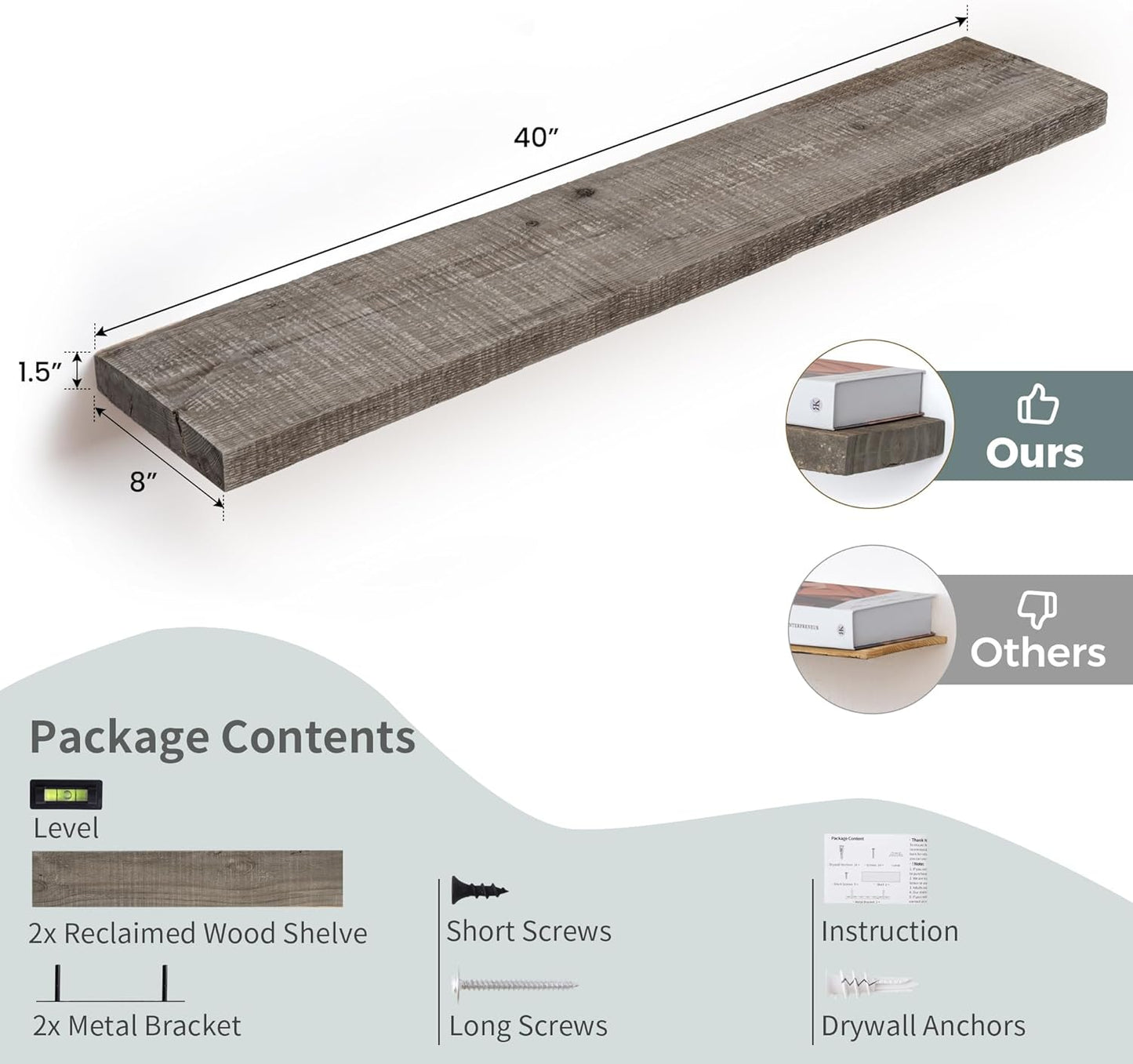 Floating Shelves Reclaimed Barnwood, 8" Deep Solid Wood Floating Shelf Wall Hanging Shelves with Invisible Heavy-Duty Metal Bracket | Wall Mounted | Farmhouse Style | 40 inches,2PCS,Grey