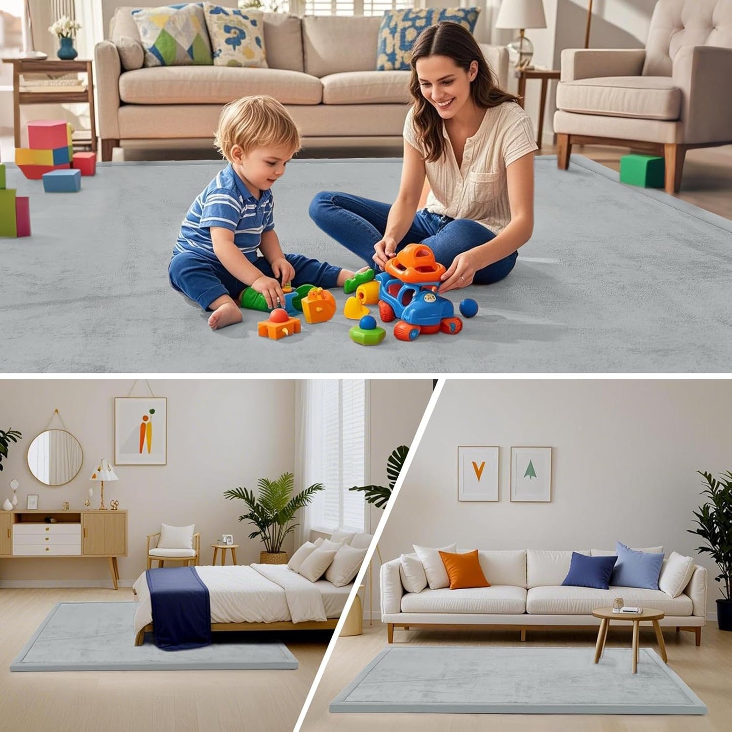 ACOMOPACK Baby Play Mat for Floor,1.3" Thick Memory Foam Area Rug for Living Room,Soft Velvet Crawling with Non-Slip Bottom for Kid,Toddler,79"×157" Tummy Time Nursery Rugs,Yoga（Light Grey）