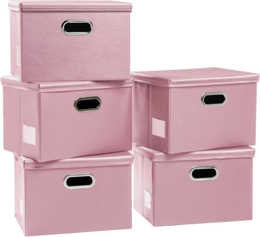 PRANDOM Large Stackable Storage Bins with Lids [5-Pack] Leather Fabric Foldable Storage Boxes Organizer Containers Baskets Cube with Cover for Bedroom Closet Office Nursery Pink (17.7x11.8x11.8)