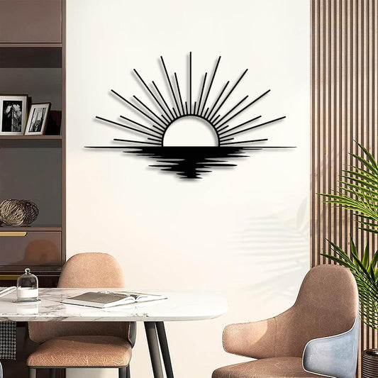 Sunrise Metal Wall Art, Metal Sun Wall Decor, Metal Sun Outdoor Decor, Large Metal Sun Wall Art, Sun Wall Art, Boho Sun Wall Art, Sunshine Metal Sign, Living Room Bedroom Wall Hangings (Black, 47"x 27"| 120x71cm)
