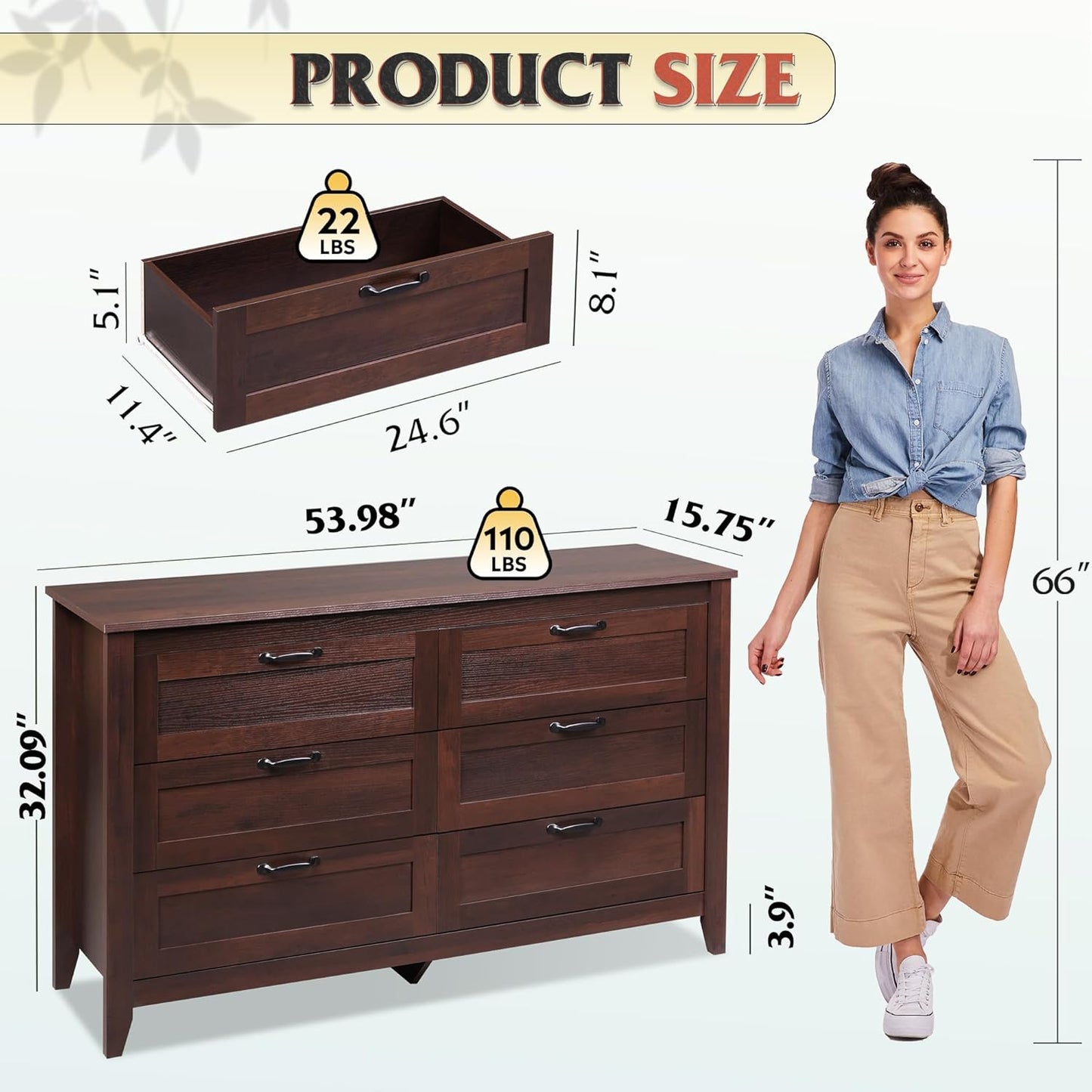 WLIVE Wood Dresser for Bedroom, Double 6 Drawer Dresser with Metal Handle, Large Wooden Chest of Drawers for Living Room, Hallway, Closet, Rustic Brown