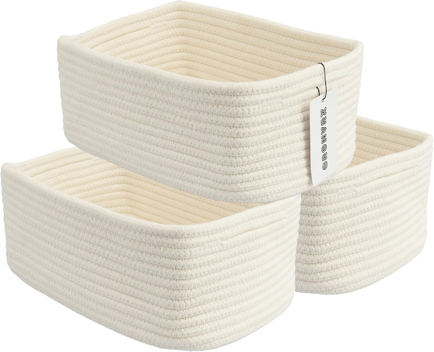 Small Woven Storage Baskets 12“X8”X5“ Decorative Rope Bins for Organizing Shelves, Closets, and Toys, Empty Gift Baskets, Cute Organizer Basket for Home and Office (white, regular)