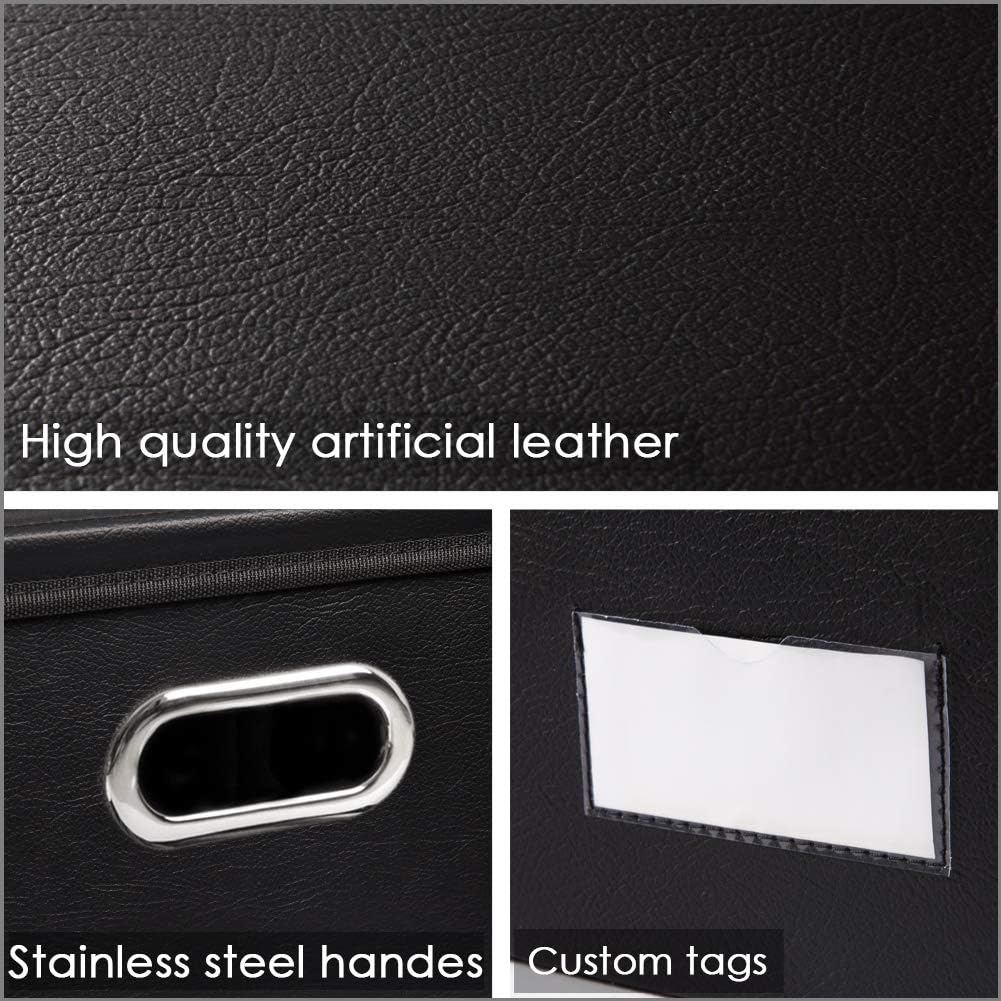 PRANDOM Large Foldable Storage Bins with Lids [3-Pack] Leather Fabric Collapsible Storage Boxes Organizer Containers Baskets Cube with Cover for Home Bedroom Closet Office Black(17.7x11.8x11.8)