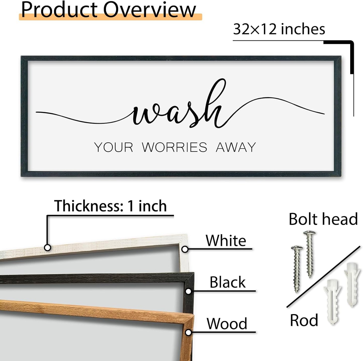 SRSZHIYUE Wash Your Worries Away Bathroom Sign Wall Art 32"×12" Funny Restroom Toilet Large Wood Framed Hanging Decor (Black)