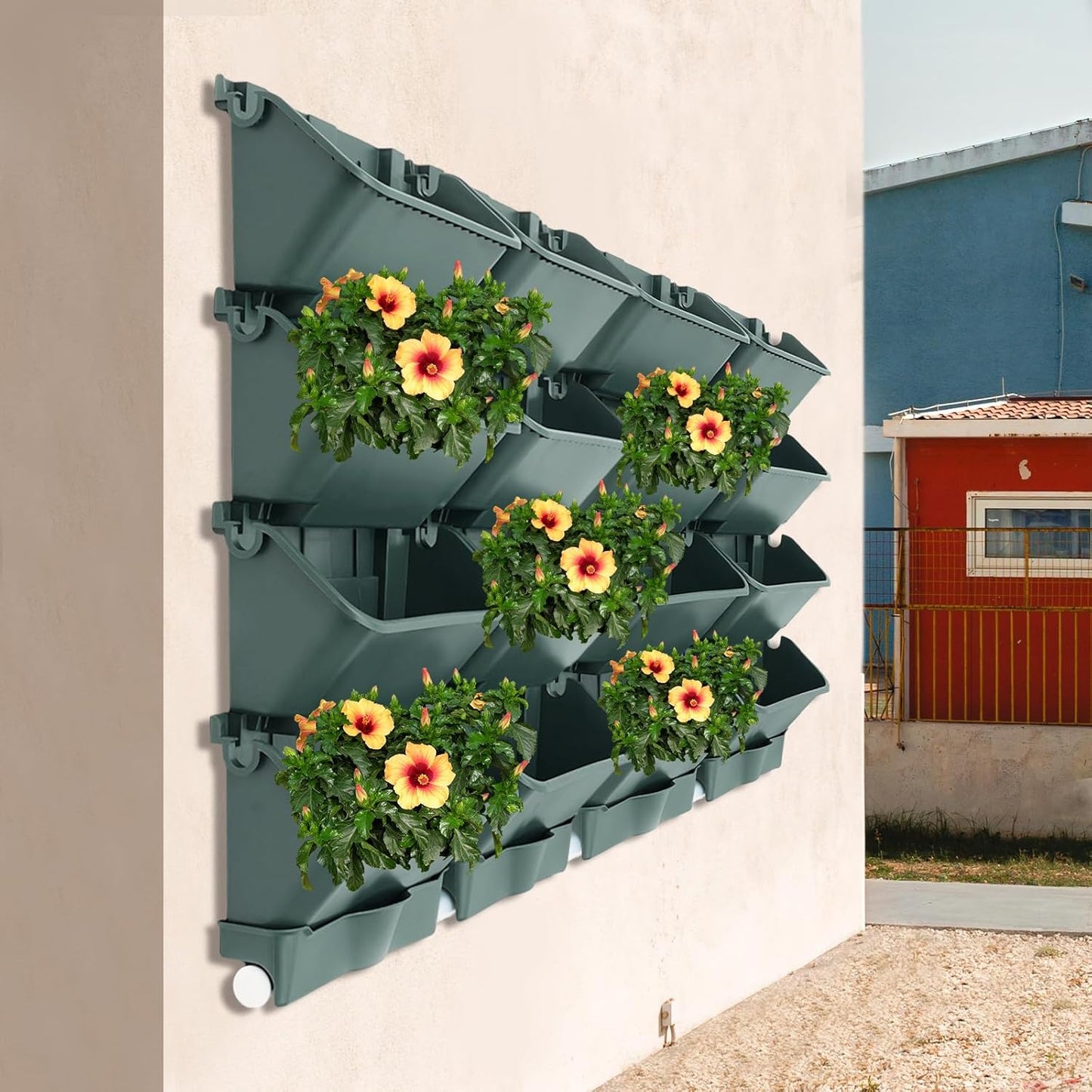 20Pack Vertical Wall Planter, 13 inch Wall Mounted Garden Planters, Stackable Wall Hanging Planter, Plastic Flower Pot with 4 Drainage Tray & 6.56FT Drainage Pipe for Indoor and Outdoor (Green)