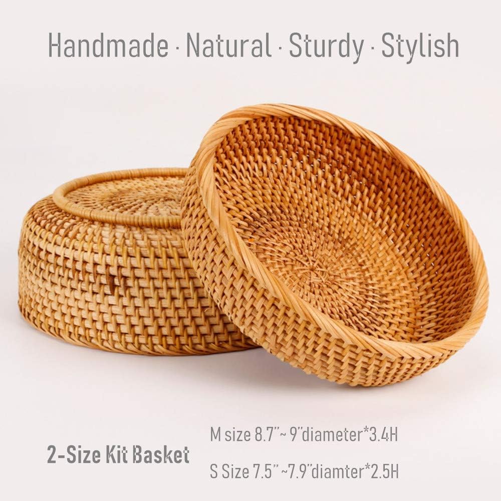 Set of 2 Round Rattan Bowl Baskets, 8 9 Inch Handmade Wicker Basket Tray with 3”Deep Wall, Decorative Woven Brown Bread Basket Fruit Bowl Table Key Holder, 2-Size