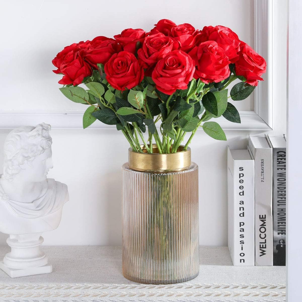 Red Fake Roses Artificial Flowers - 16 Pcs Fake Artificial Roses Silk Flowers with Stems for Home Wedding Hotel Office Centerpiece Decor