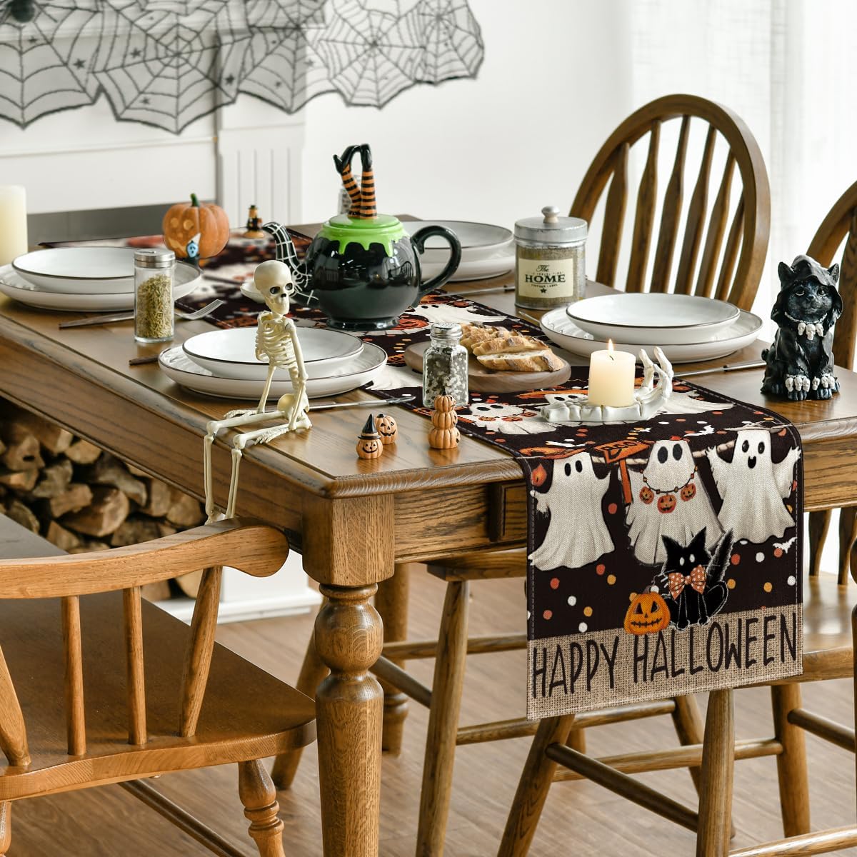 Artoid Mode Ghost Jack-O'-Lantern Black Cat Halloween Table Runner,Holiday Kitchen Dining Table Decoration for Home Party Decor 13 x 120 Inch