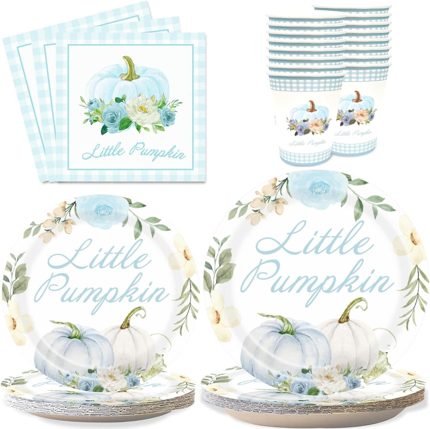 Aukolass Pumpkin Party Supplies Tableware Set - Fall Theme Party Decorations Including Plates, Napkins and Cups for Pumpkin Birthday and Baby Shower Party, Serves 24 Guests (blue)
