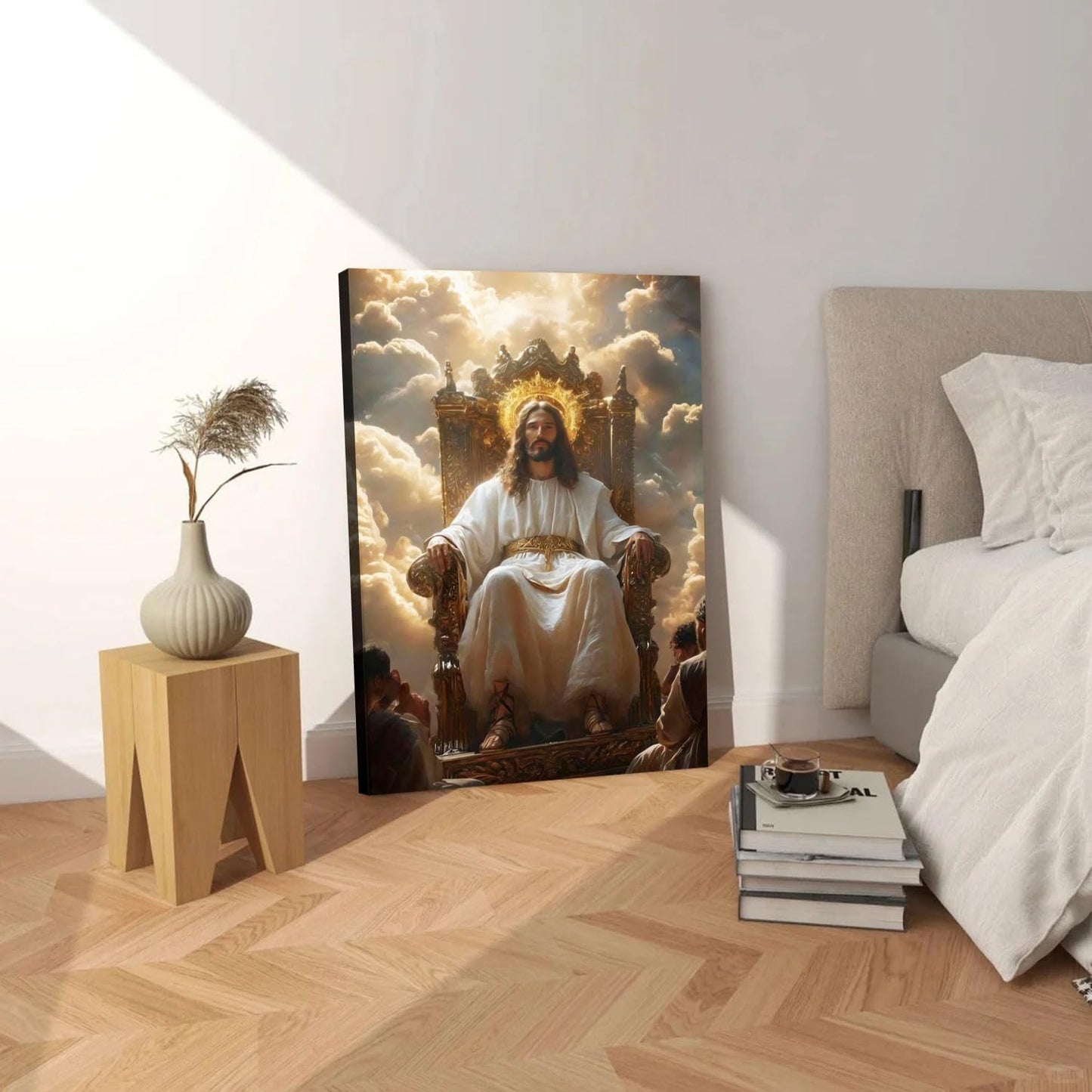 Framed Canvas Wall Art Painting Jesus Sitting on the Throne Religious Poster Faith Revelation Gallery Picture Print for Living Room Bedroom Church Decor 24x36 Inch Ready to Hang