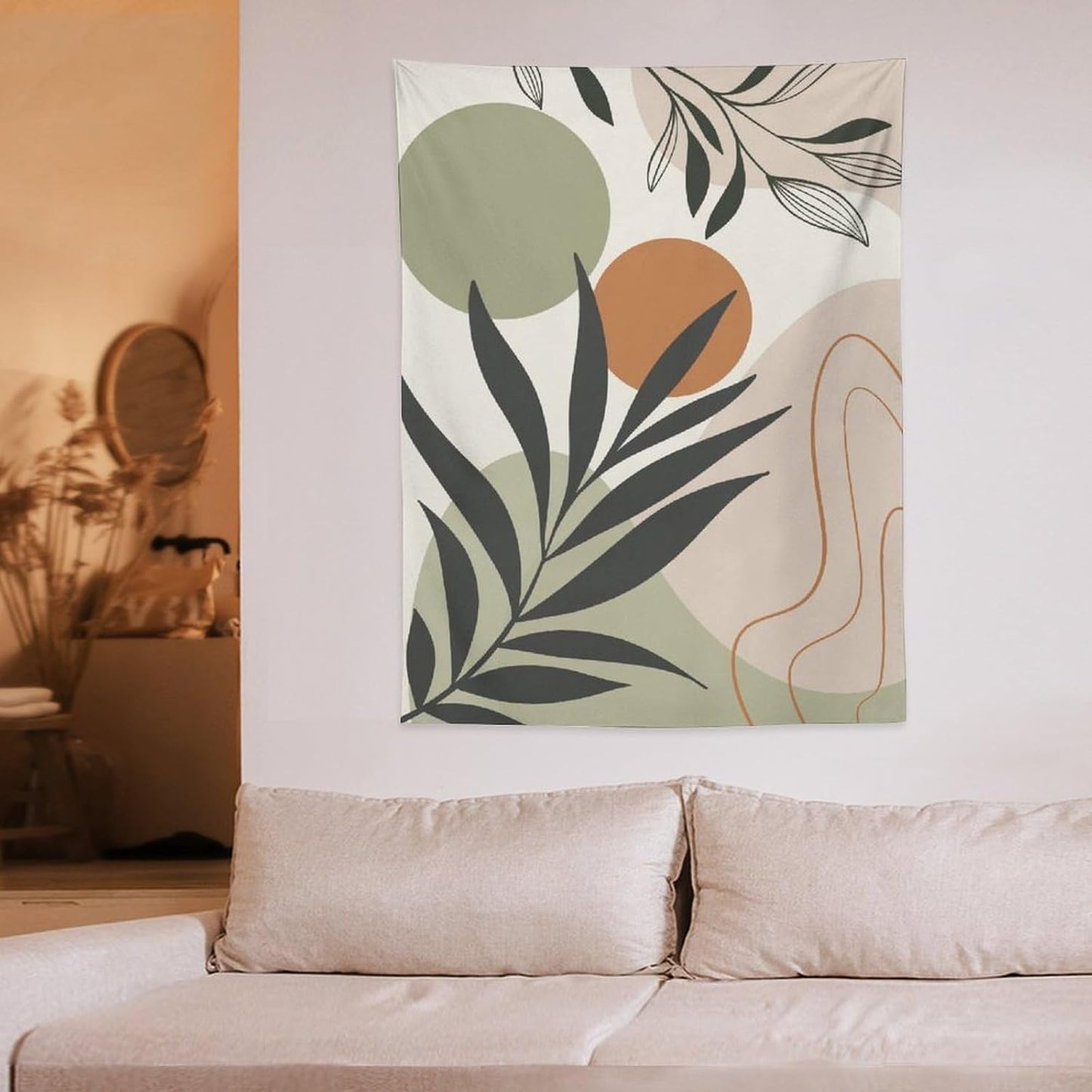 Abstract Bohemian Mid Century Tapestry, Tropical Leaves Modern Geometric Archway Minimalist Bohemian Botanical Aesthetic Wall Hanging, Sage Green Gold Home Decor Art for Bedroom 60x60 Inch