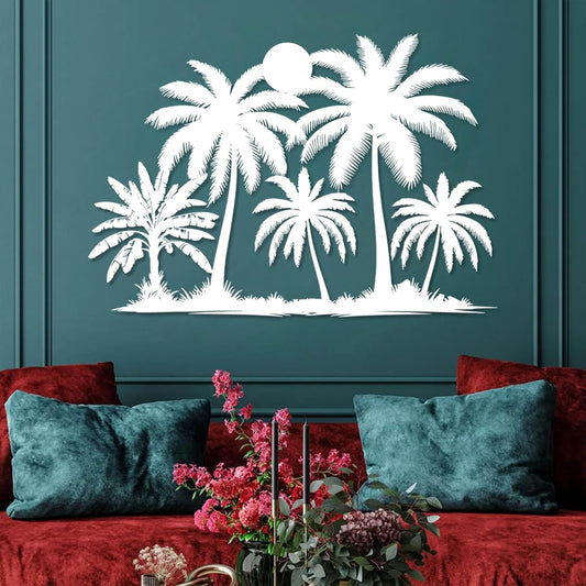 Tuglona Metal Palm Tree with Sunset Wall Decor, Tropical Palm Tree Metal Wall Art, Tropical Wall Decor, Sun Wall Art, Beach Wall Decoration, Coastal Trees Wall Hanging (White, 24"x16"/60x42cm)
