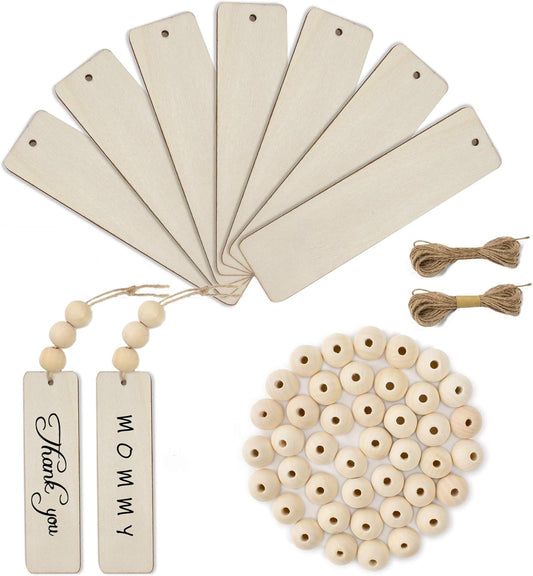 20pcs Wooden Tags with Holes & 50pcs DIY Craft Beads for Wooden Blank Hanging Tags Ornaments with Ropes - Wedding & Birthday Party Decoration