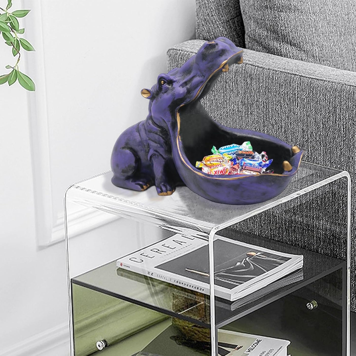 aboxoo Hippo Statue Home Resin Hippopotamus Figurine Fun Candy Dish,Key Bowl,Big Mouth Sculpture Table Art Decoration Sundries Container Storage Box (Purple)