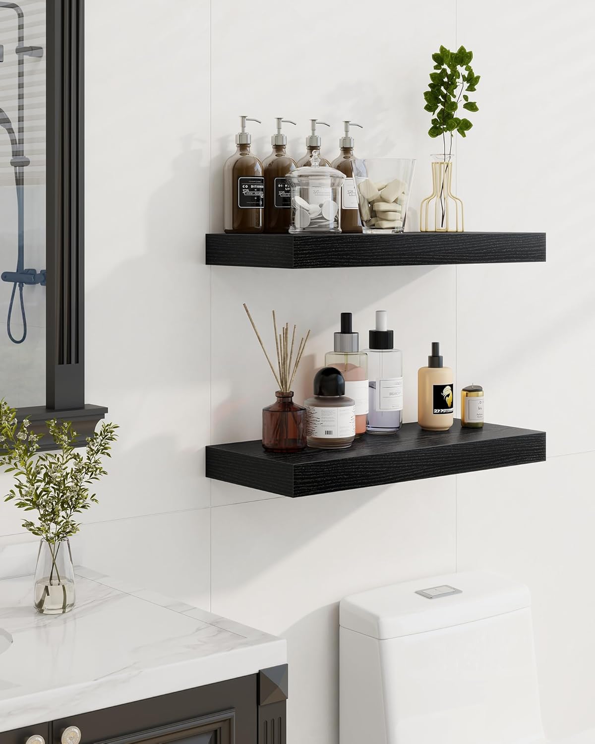 Marsmiles 24" Floating Shelves for Wall, Wooden Shelves with Invisible Brackets Set of 2, Rustic Farmhouse Wall Mounted Shelf for Kitchen Bathroom Living Room Study, Black