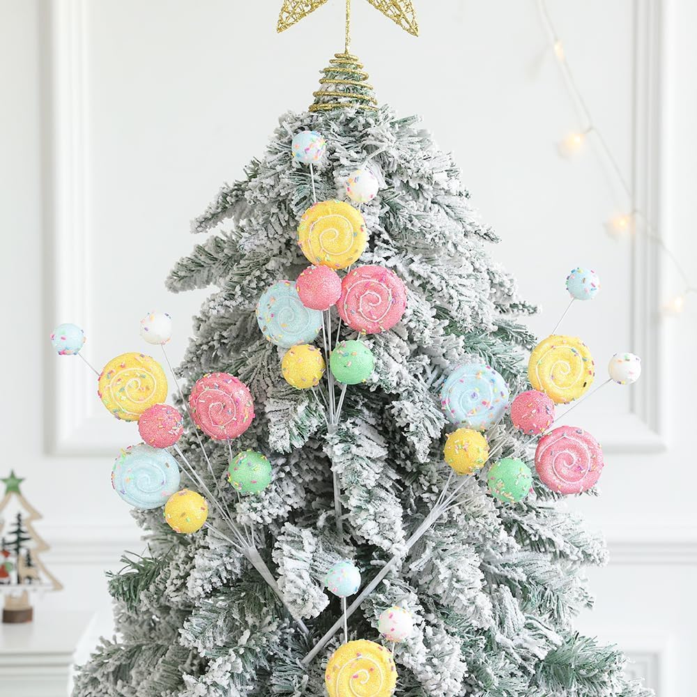 2Pcs Christmas Tree Picks Branch Decorations Macaron Topper Ornaments Candy Spray Picks Twigs Stems for Xmas Wreath Decoration New Year Party