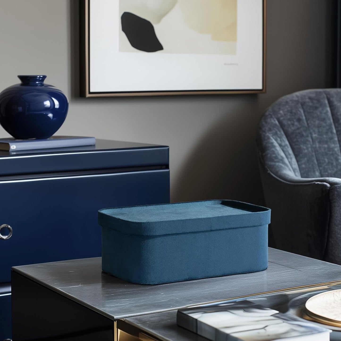 La Jolie Maison Velvet Storage Baskets with Lids, Sturdy Stackable Cardboard Boxes with Decorative Trays, Organizer Bins for Bathroom Bedroom Organizing, Prussian Blue, Set of 3