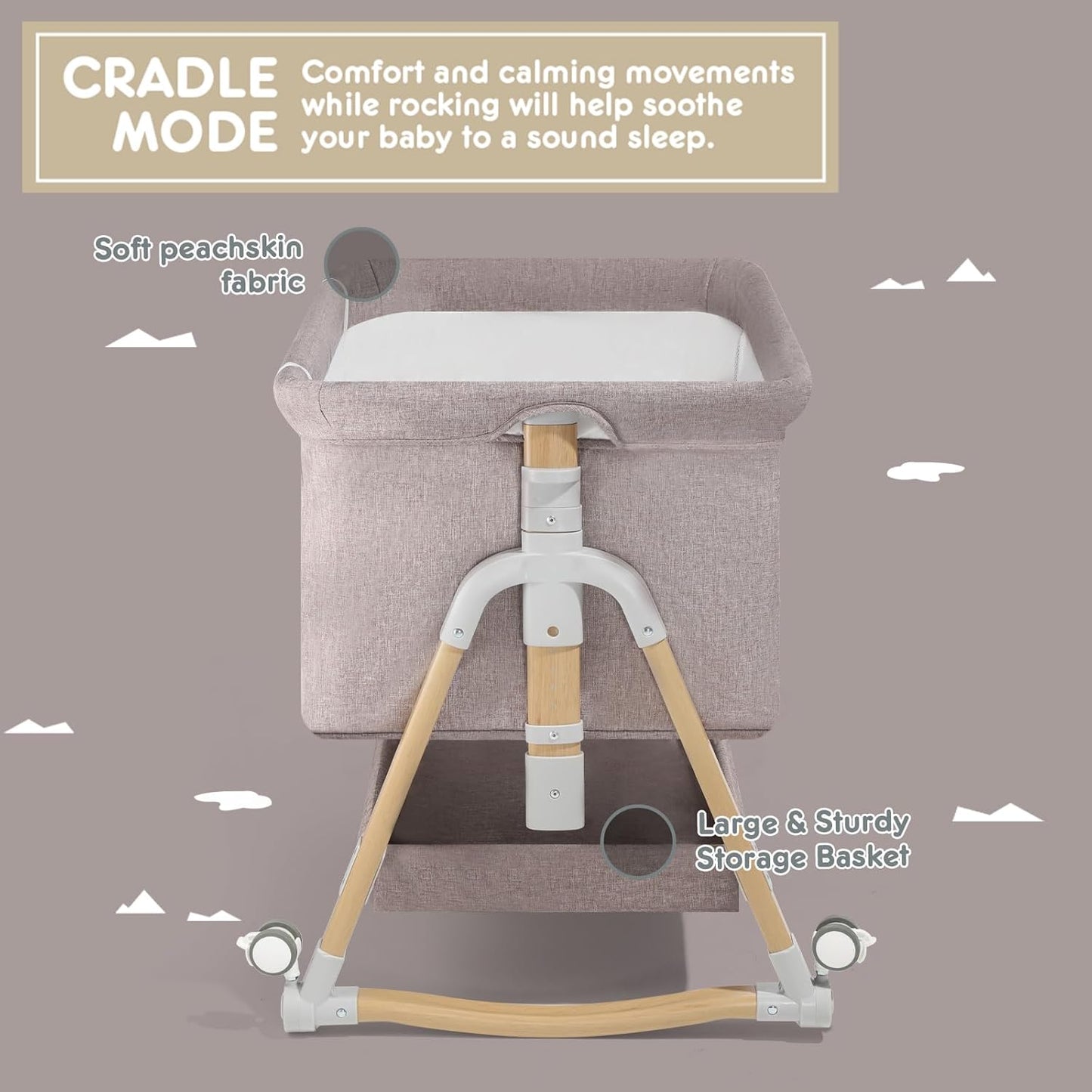 HARPPA Cuddly Bassinet, 3 in 1 Baby Bassinet Bedside Sleeper, Bedside Crib with Mattress and Wheels, Breathable Mesh, 5 Height Adjustable, Anchor Strap (Wood Grain, Khaki)