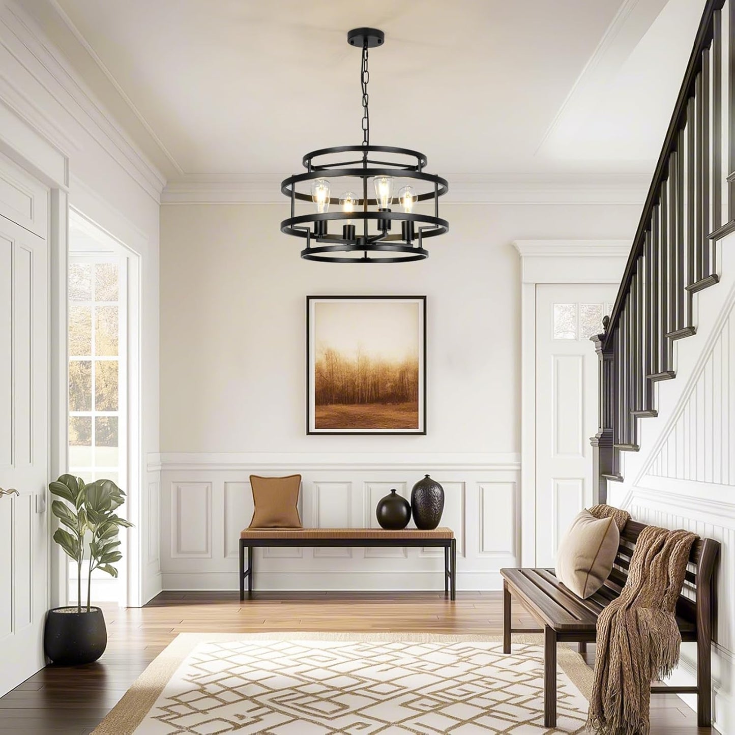 4-Light Black Chandelier for Dining Room, 19.7" Modern Farmhouse Pendant Light with Geometric Metal Frame, Industrial Flush Mount Ceiling Light for Living Room, Bedroom, Kitchen Island, Hallway, Foyer