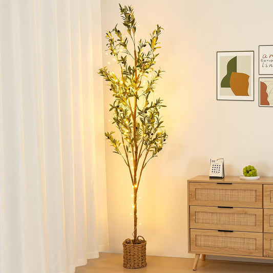 7ft Artificial Olive Tree with LED Fairy Lights & Woven Planter - Lifelike Faux Silk Plant with Realistic Leaves & Fruits and Natural Trunk for Indoor Home Office Living Room Bedroom Foyer Decor