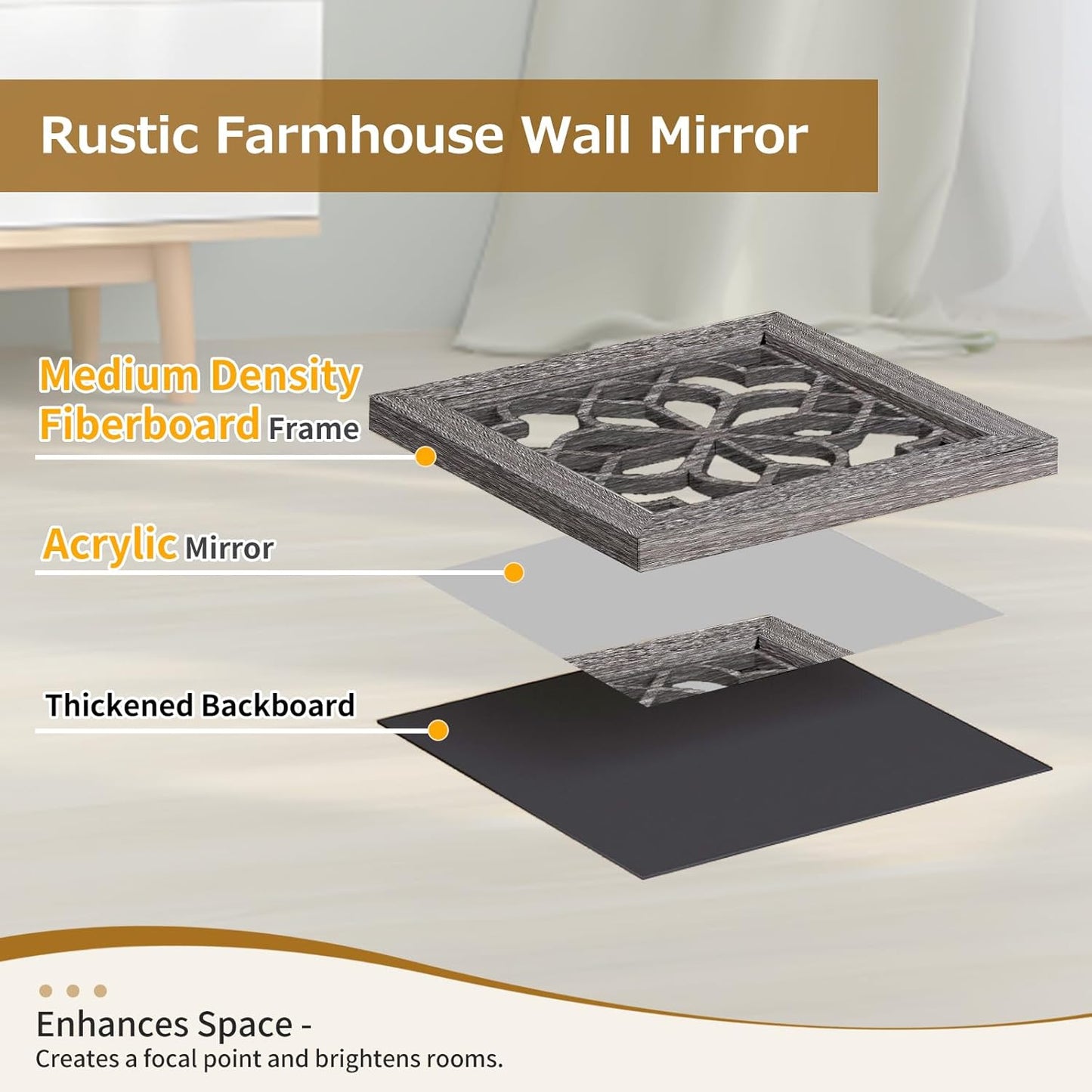 4pcs Farmhouse Wall Mirror with Carved Floral Design -Rustic Mirror Decor for Home, 12x12 inch(Brown)