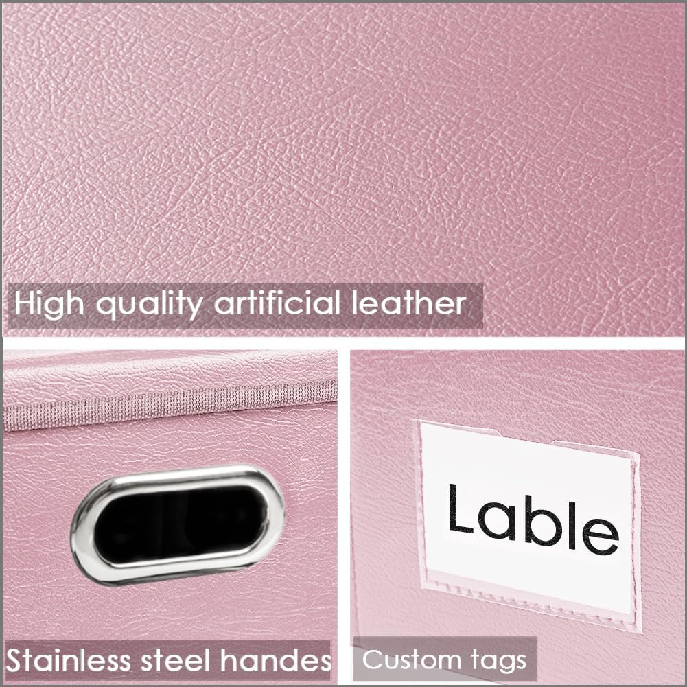 PRANDOM Large Stackable Storage Bins with Lids [5-Pack] Leather Fabric Foldable Storage Boxes Organizer Containers Baskets Cube with Cover for Bedroom Closet Office Nursery Pink (17.7x11.8x11.8)