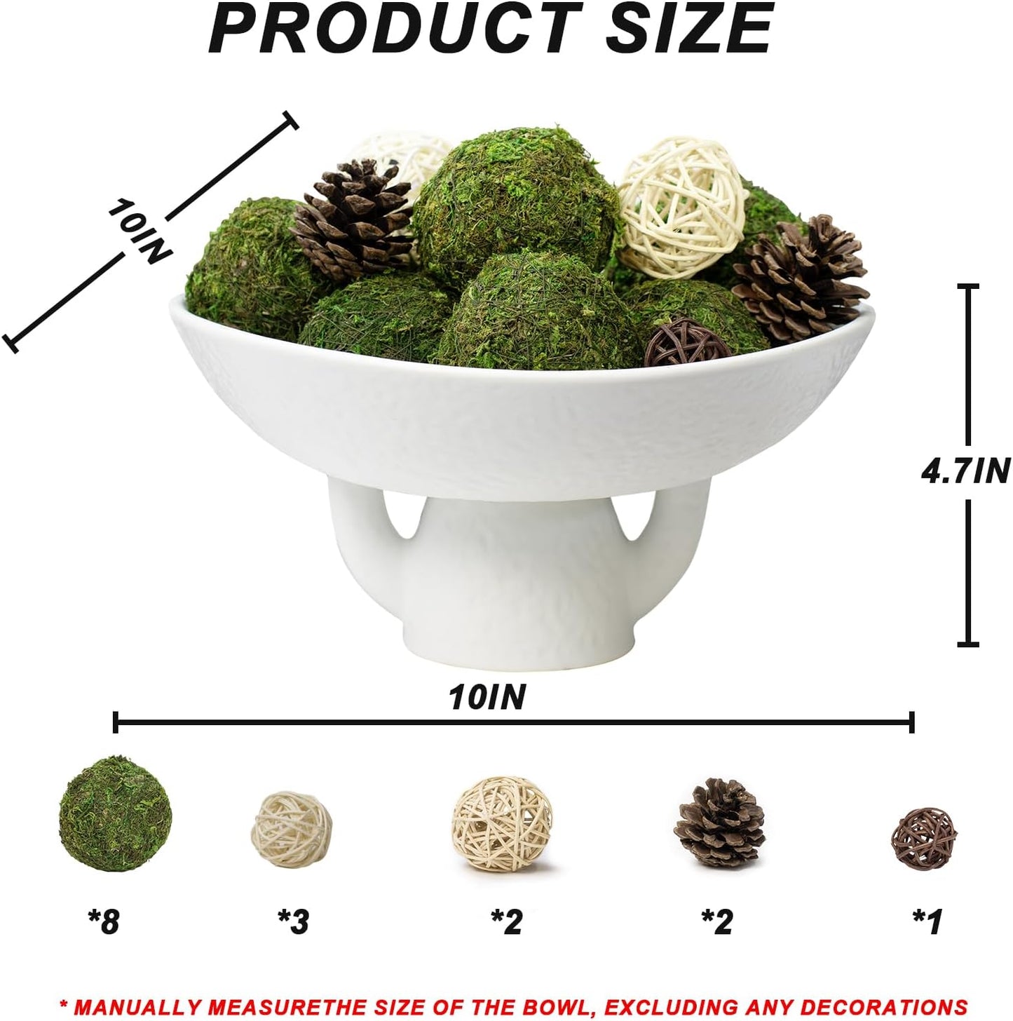 NAHARO Elegant White Ceramic Bowl with Moss Ball Set-10 Decorative Bowl with 16pc Decorative Balls for Farmhouse Table Centerpiece, Living Room or Home Decor