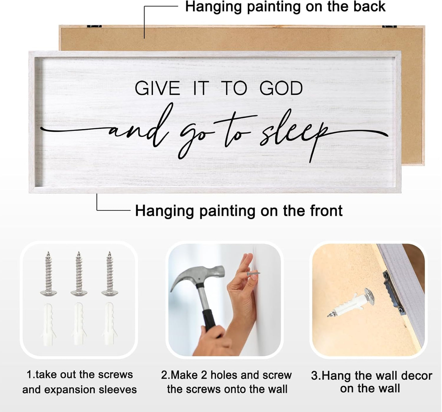 Give It to God and Go to Sleep Decorative Rustic Sign & Plaque Framed Wall Art for Couples, 40''×15'' Vintage Farmhouse Wooden Horizontal Wall Decor Above Bed, Cottagecore Wedding Gift for Bedroom