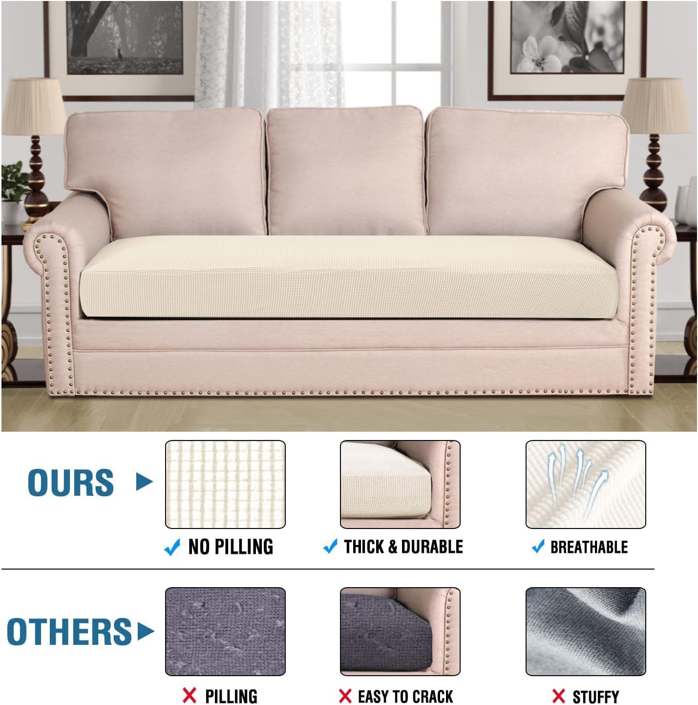 H.VERSAILTEX Super Stretch Individual Seat Cushion Covers Sofa Covers Couch Cushion Covers Slipcover Sets Thick Jacquard Textured Twill Fabric (1 Piece Sofa Cushion Cover, Natural)