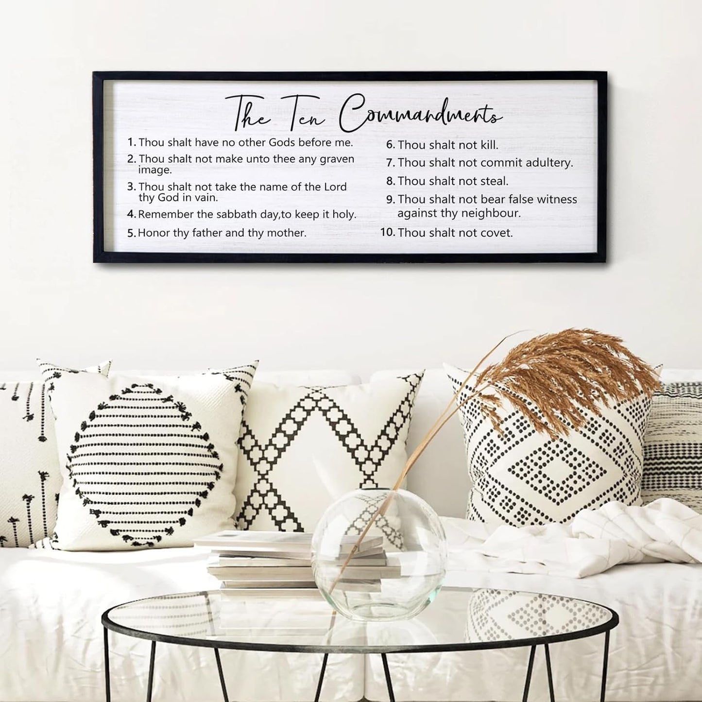 The Ten Commandments Rustic Bible Verse Framed Wall Art, 40''×15'' Positive Religious Christian Saying Sign for God Jesus Christ Prayer, Vintage Horizontal Holy Inspirational Catholic Scripture Decor