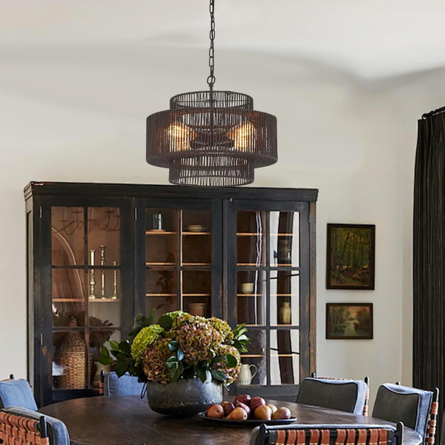 17.7" Rattan Chandelier Light Fixture Vintage 4-Lights Farmhouse Boho Hand-Woven Bamboo Chandelier Retro 3-Tier Drum Wicker Rattan Black Chandeliers for Dining Room, Kitchen, Bedroom,Foyer