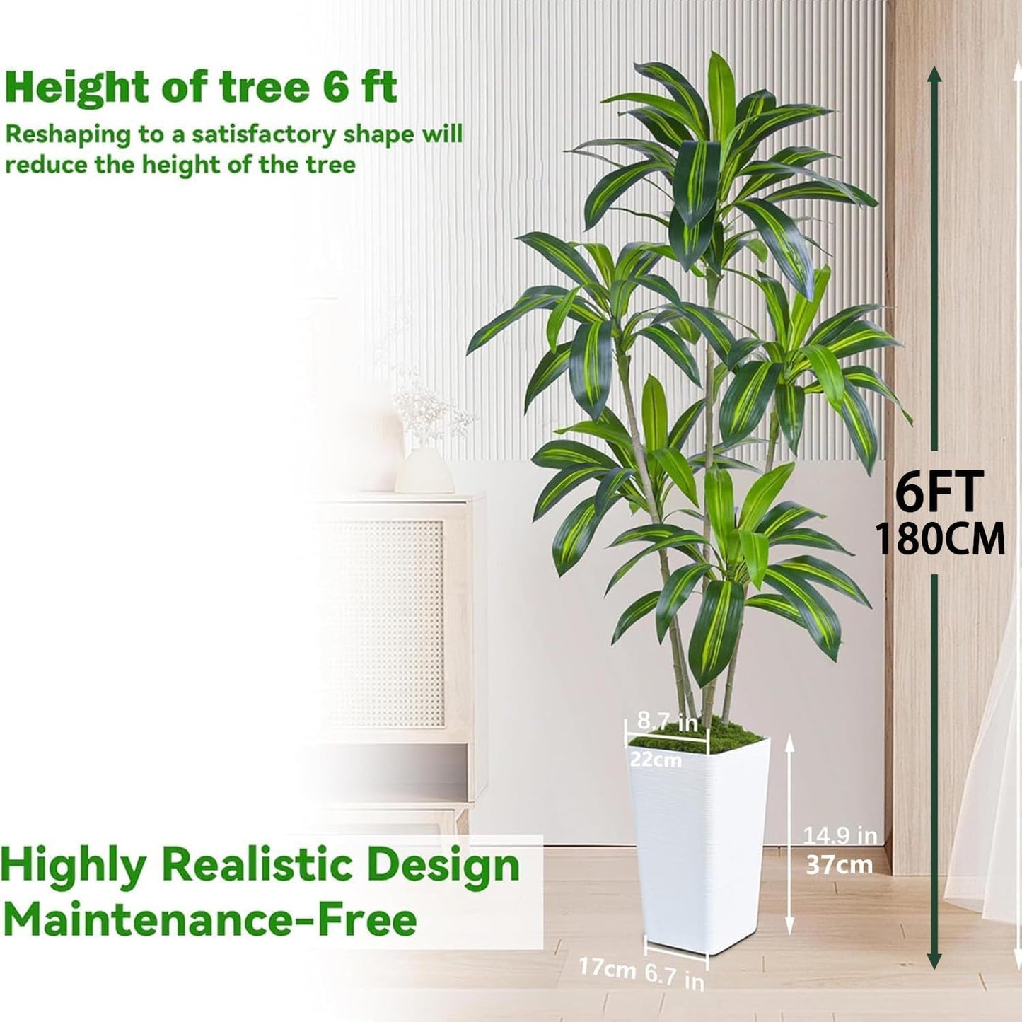 Artificial Dracaena Tree Artificial Silk Tree Faux Tree Fake Tropical Yucca Floor Plant with White Tall Planter (1, White Tall Planter, 6FT)