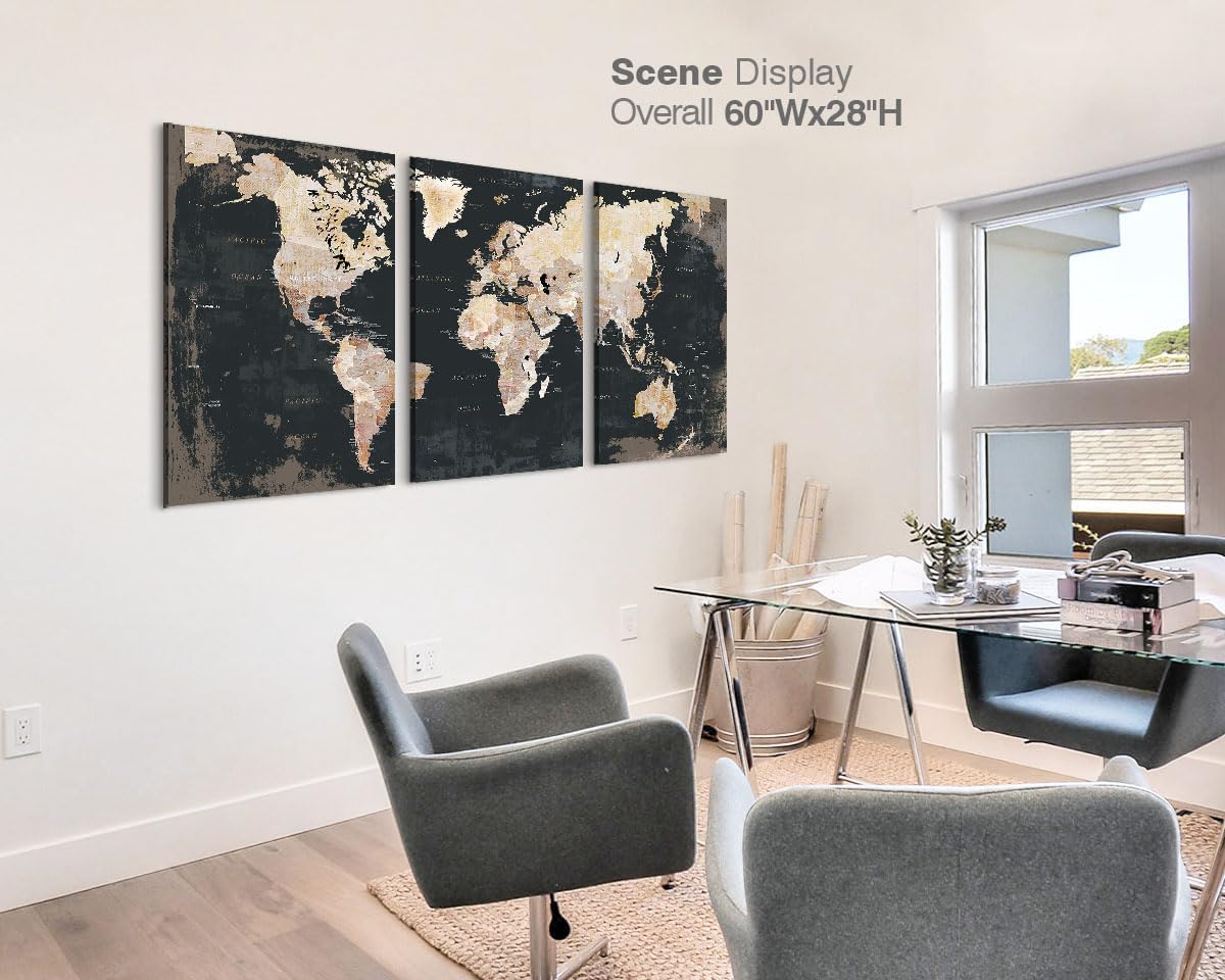 Bedroom Wall Decor Black Wall Art for Living Room Pictures Office Decor for Men World Map for Wall Inspirational Canvas Paintings Framed Artwork