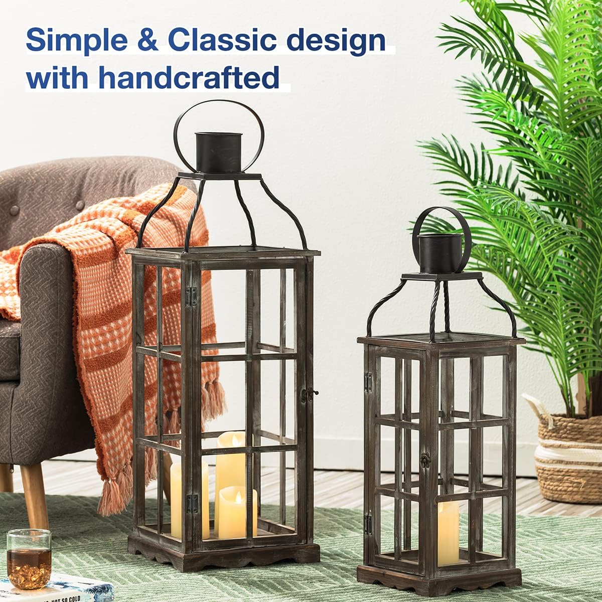 Glitzhome Farmhouse Oversized Wood Metal Lanterns Decorative Hanging Candle Lanterns Set of 2, Black (No Glass)
