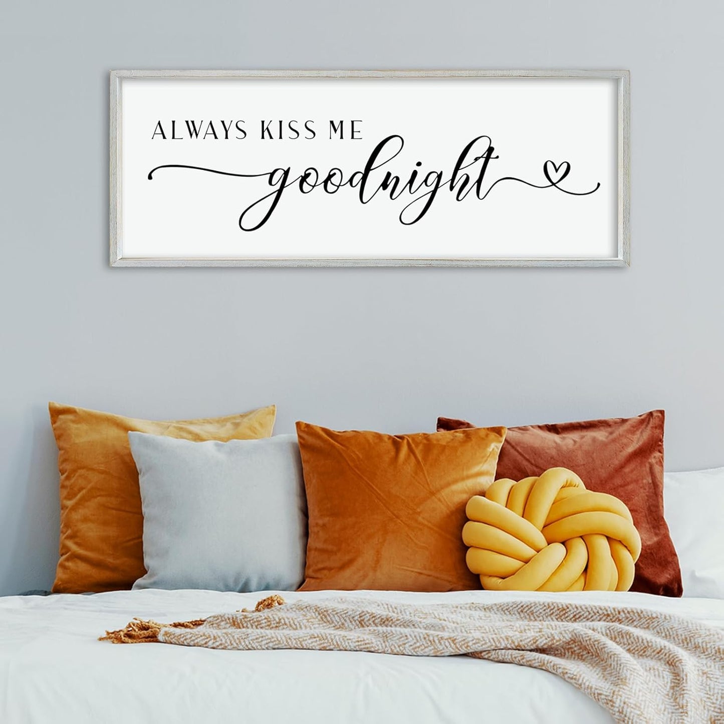 comurdyo Always Kiss Me Goodnight Sign for Bedroom Above bed Wall Decor 40''×15'' Large Wood Frame For Couples Over Bed Hanging Wall Art (White)