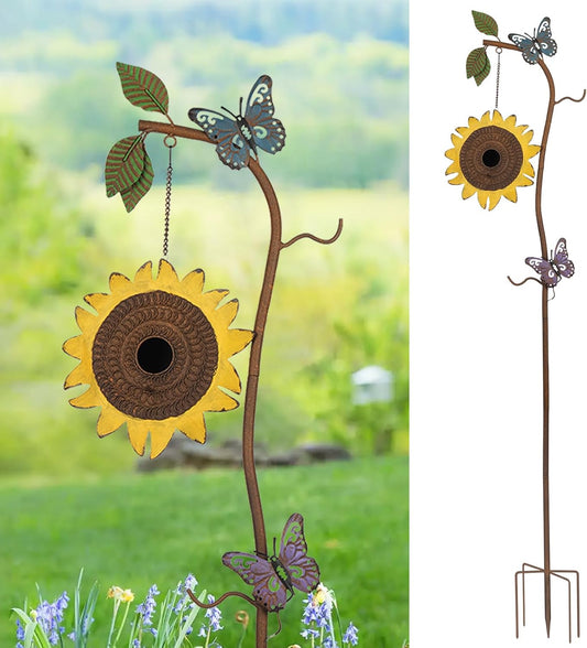 BAYN 57” Bird Houses Stake for Outside, Metal Wild Bird Feeder Birdhouse Stake Pole with Sunflower Design Outdoor Decorations for Patio, Backyard, Garden