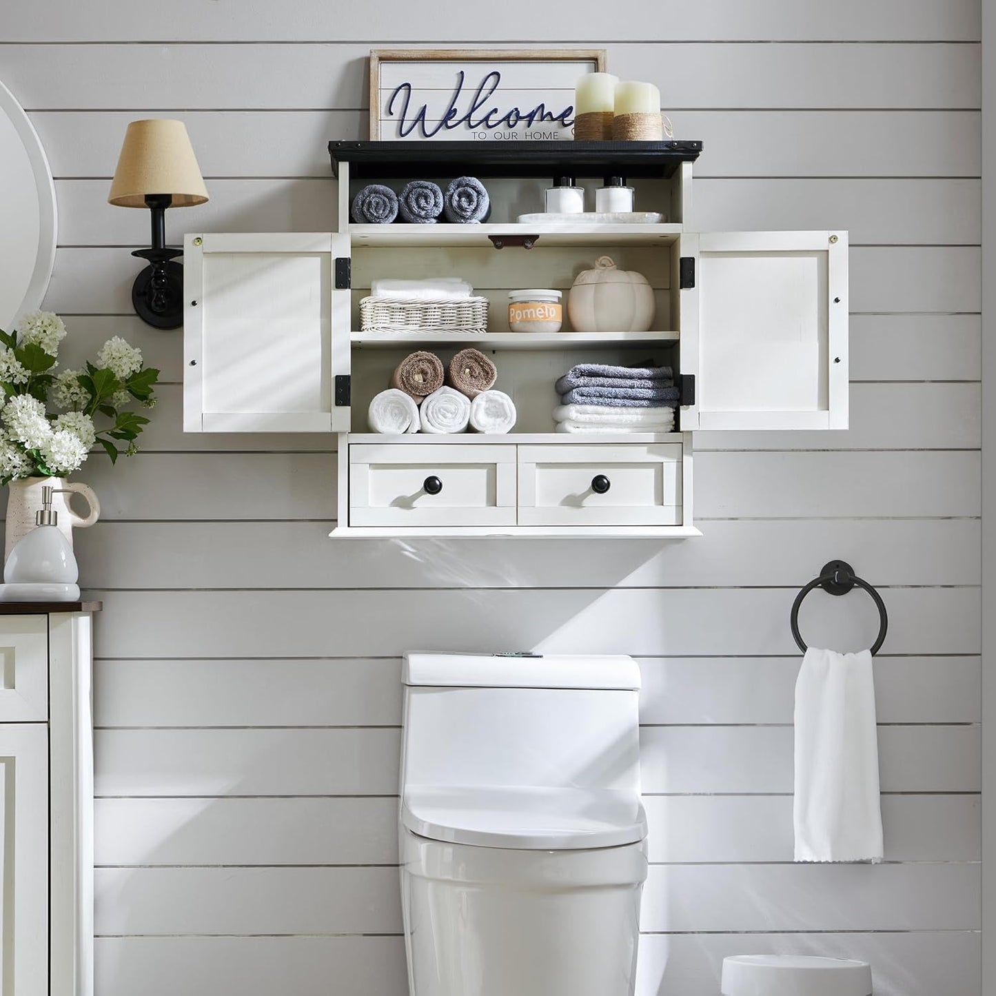 Bathroom Wall Cabinet, Farmhouse 24" Wide Medicine Cabinet with Drawer, Adjustable Shelf, Double Barn Doors, Storage Cabinets for Bathroom, Kitchen, Living Room, Off White