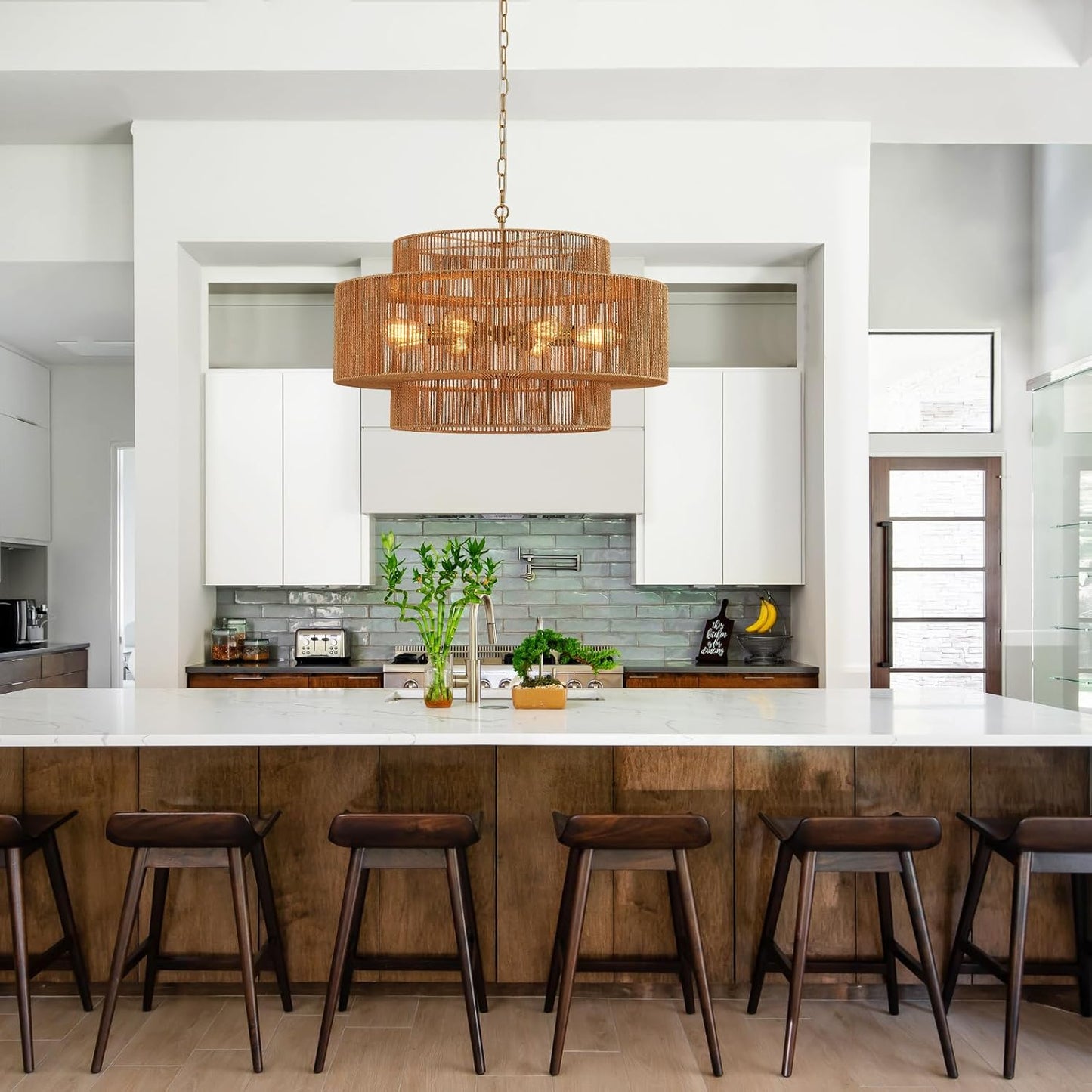 30” Large Hand-Woven Rattan Chandelier Vintage 8-Light Farmhouse Boho Bamboo Chandelier Light Fixture Retro 3-Tier Drum Wicker Rattan Golden Chandeliers for Dining Room, Kitchen, Living Room