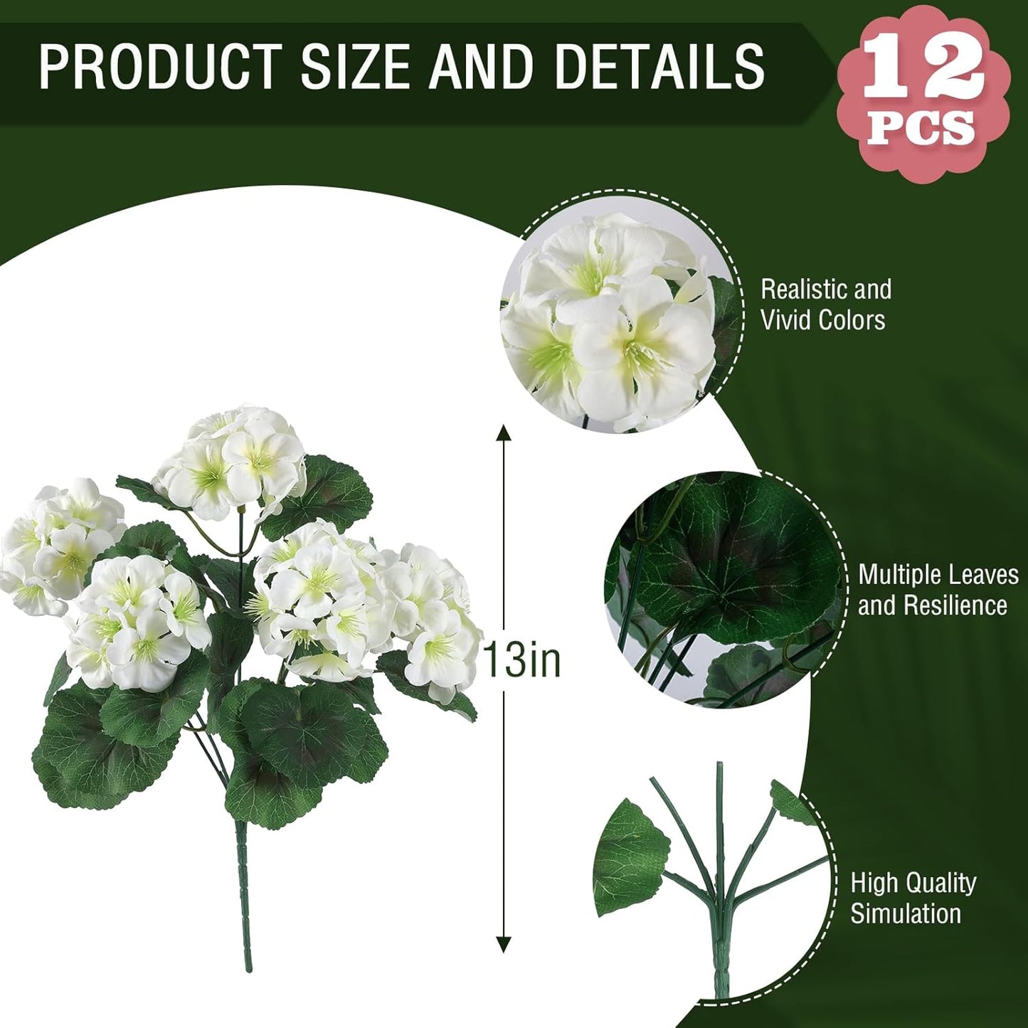 Hananona 12 Pcs Artificial Geranium Flowers for Outdoors Geranium Silk White Flower Outdoor UV Resistant Garden Plants Faux Flowers for Home Kitchen WeddingTable Centerpieces Decor (12, White)