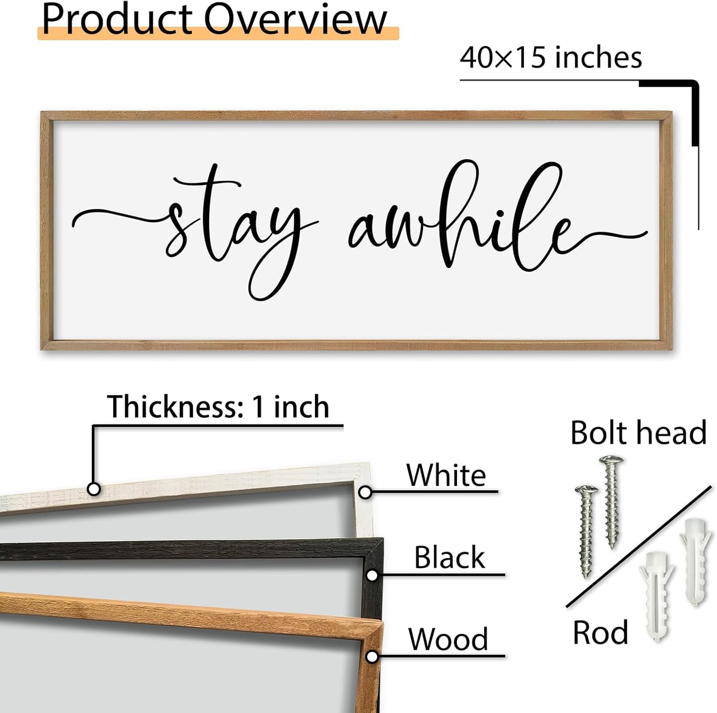SRSZHIYUE Stay Awhile Sign Wall Decor Art 40"×15" Home Entryway Hallway Signs Large Wood Framed Wall Hanging (Wood)