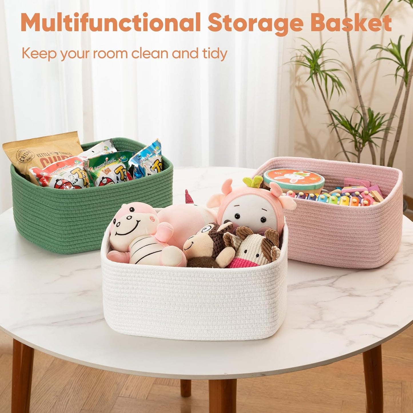 OIAHOMY 4 Pack 14.17*11.02*6.3IN Storage Baskets for Organizing Shelves, Woven Rope Baskets for Organizing Books, Clothes, Decorative Basket for Living Room, Nursery, Bedroom, Gift Basket, Grey