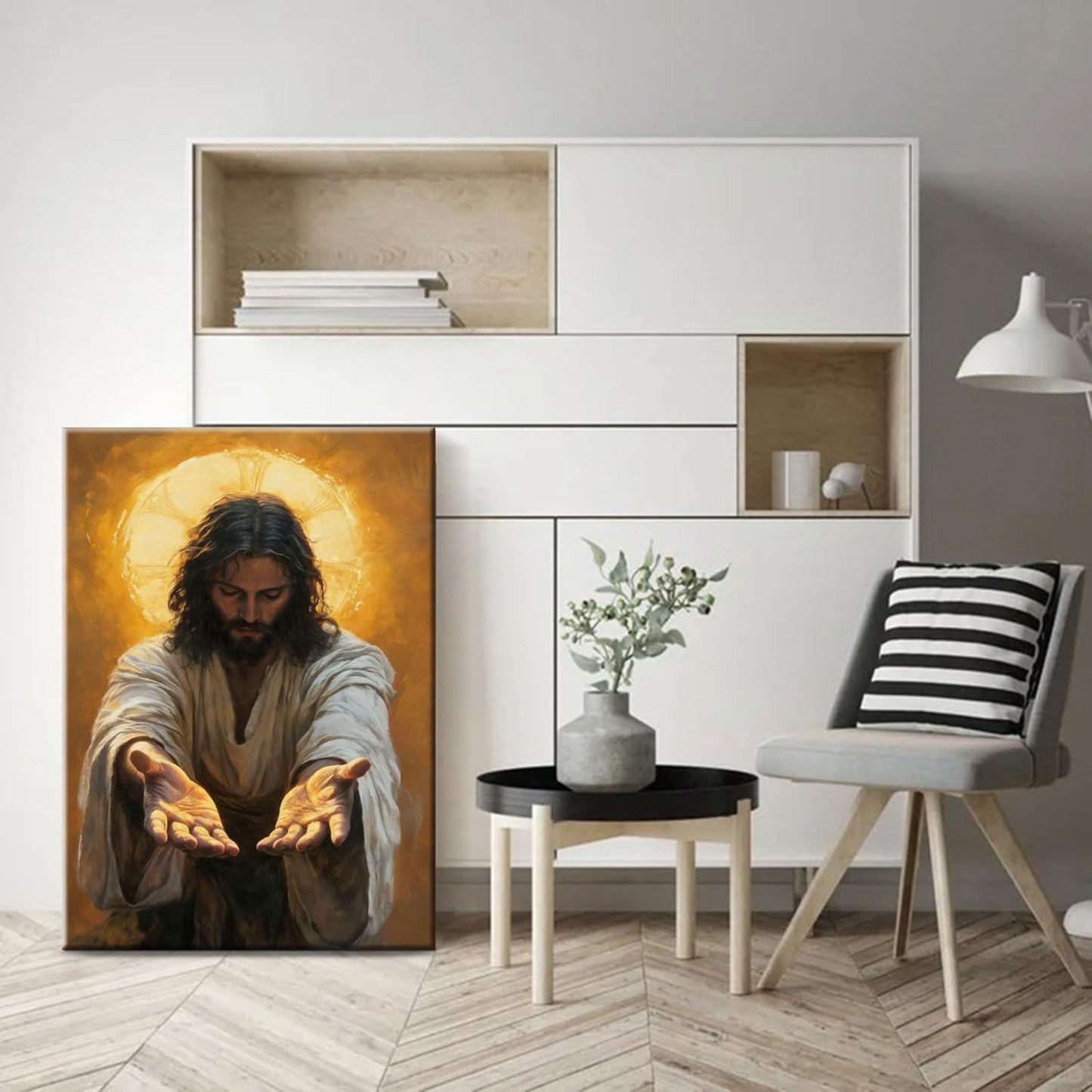 Framed Jesus Canvas Wall Art Painting with Gold Halo Christian Religious Poster Inspirational Christian Gallery Decor Painting Home Church Prayer Room Wall Hanging Print 24x36 Inch Ready to Hang