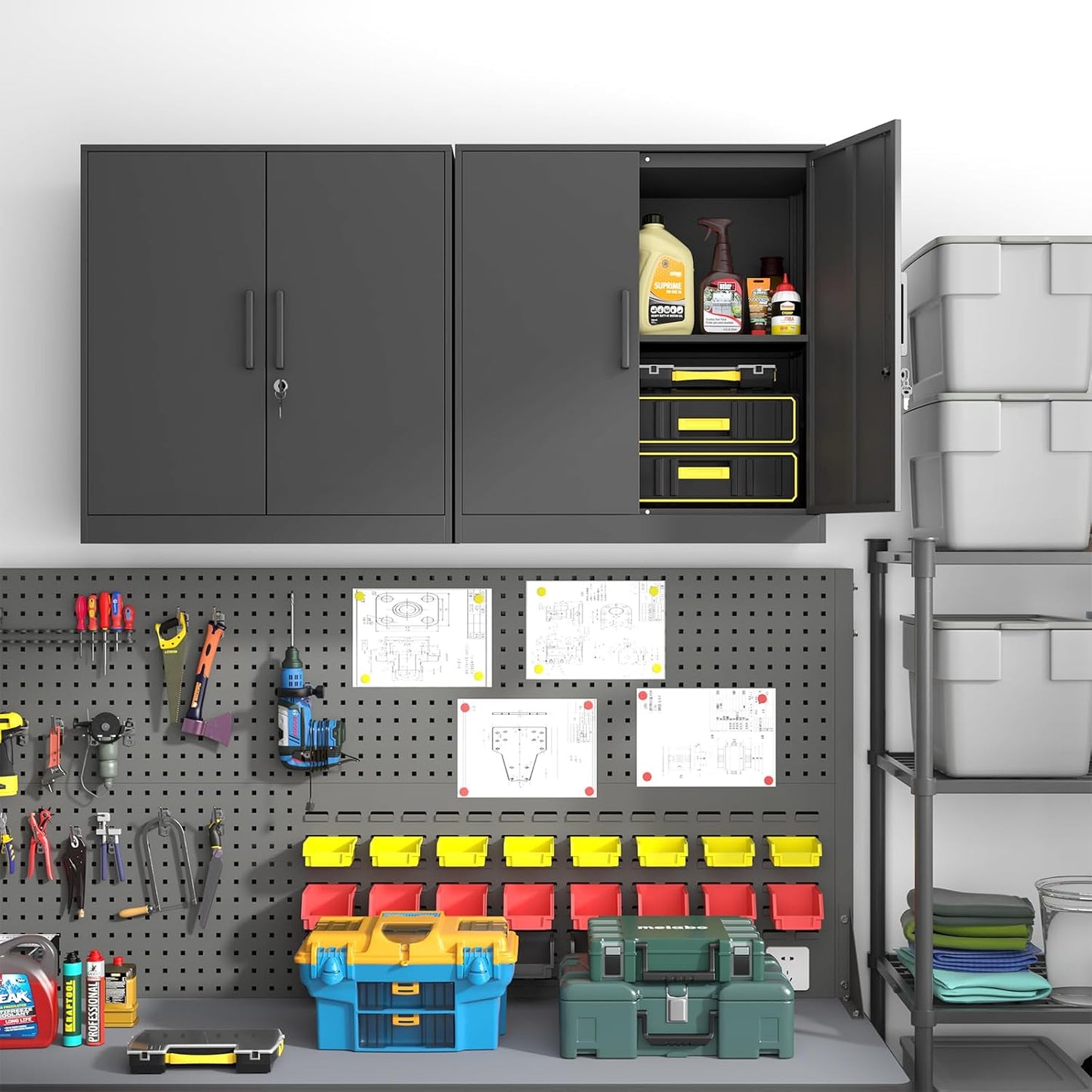 Metal Wall Cabinet,Garage Wall Cabinetwith Handle,Lockable Storage Cabinets Wall Mounted with 2 Doors,Locking Cabinet with Shelves for Basement,Living Home,Black