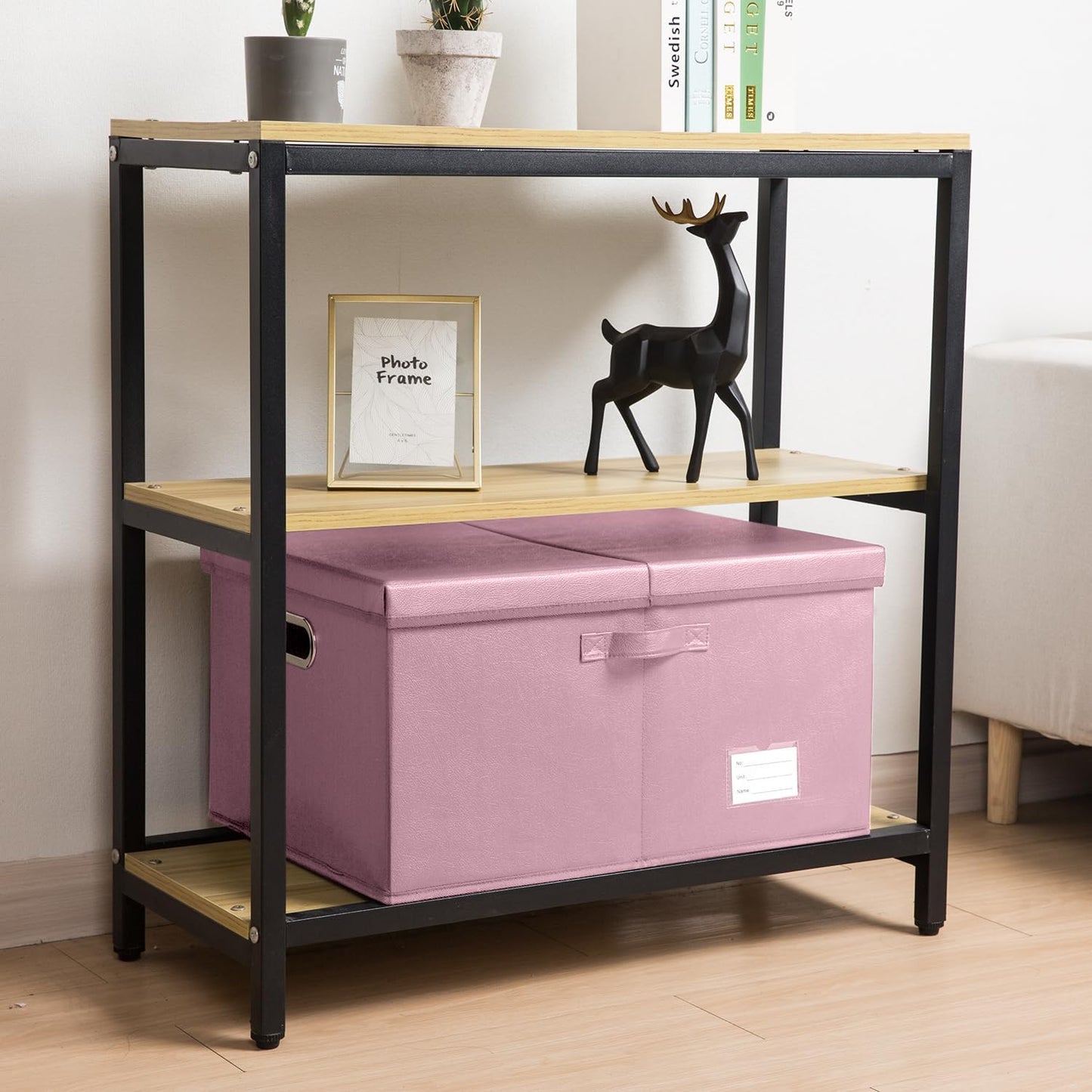 PRANDOM Collapsible Storage Box with Lid [3-Pack] Leather Fabric Foldable Storage Bin Organizer Container Basket Cube with Cover for Home Bedroom Closet Office Nursery Pink(22.8X15.7X11.8)