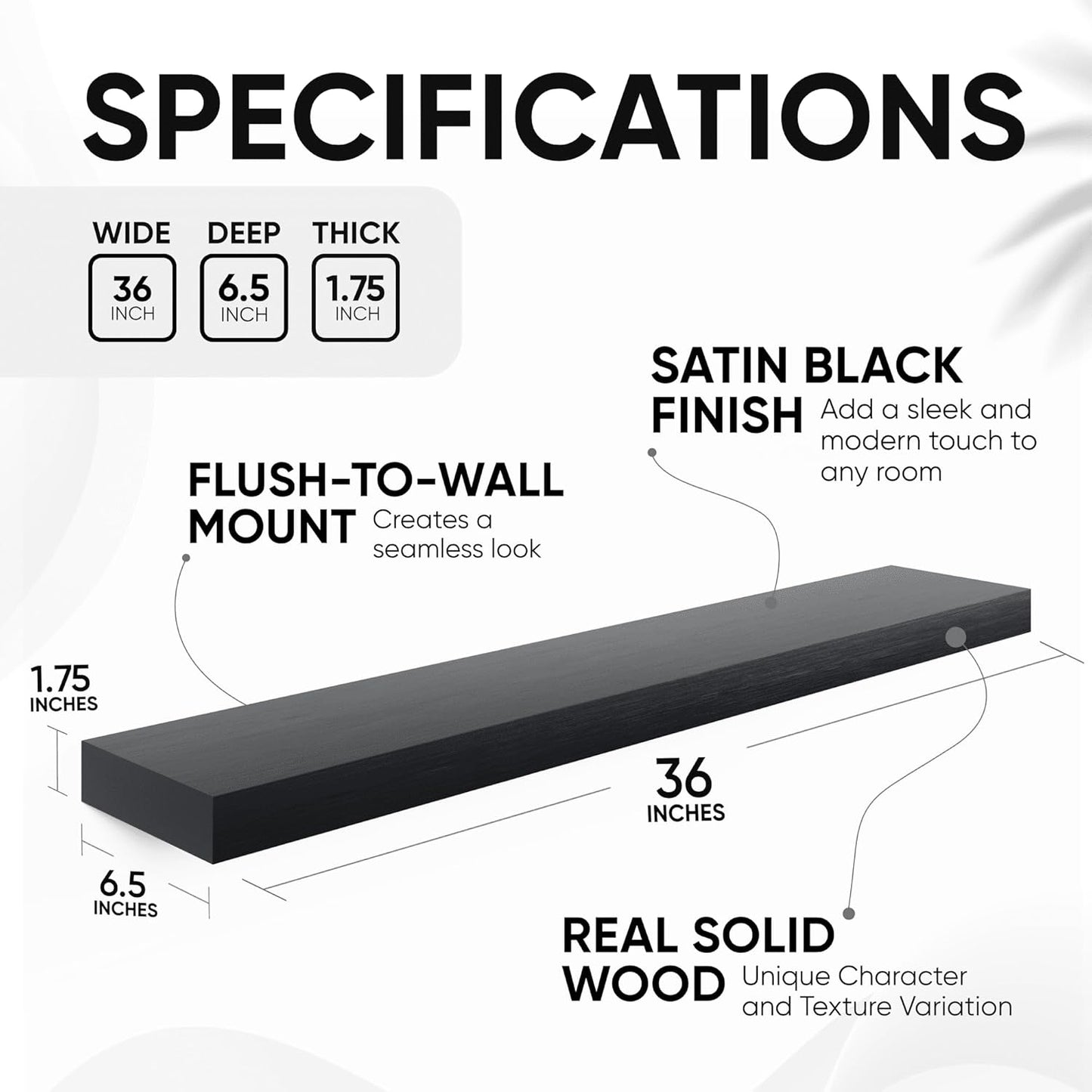 Homeforia Black Floating Shelves 36 inches Long, High End Solid Real Wood 36 inch Floating Shelf for Wall Mounted, Black Wooden 36in Floating Shelves, Heavy Duty Bracket, 36 X 6.5 X 1.75 in, Set of 2